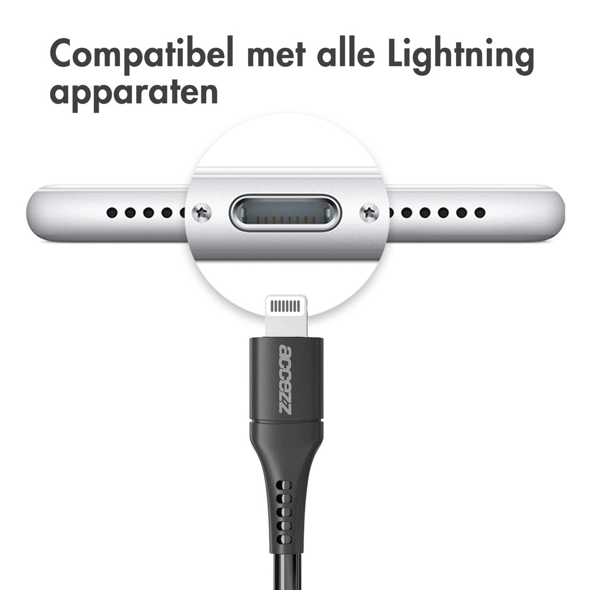 Gros plan d'un câble Lightning connecté à un téléphone. Texte : Compatible avec les appareils Lightning.