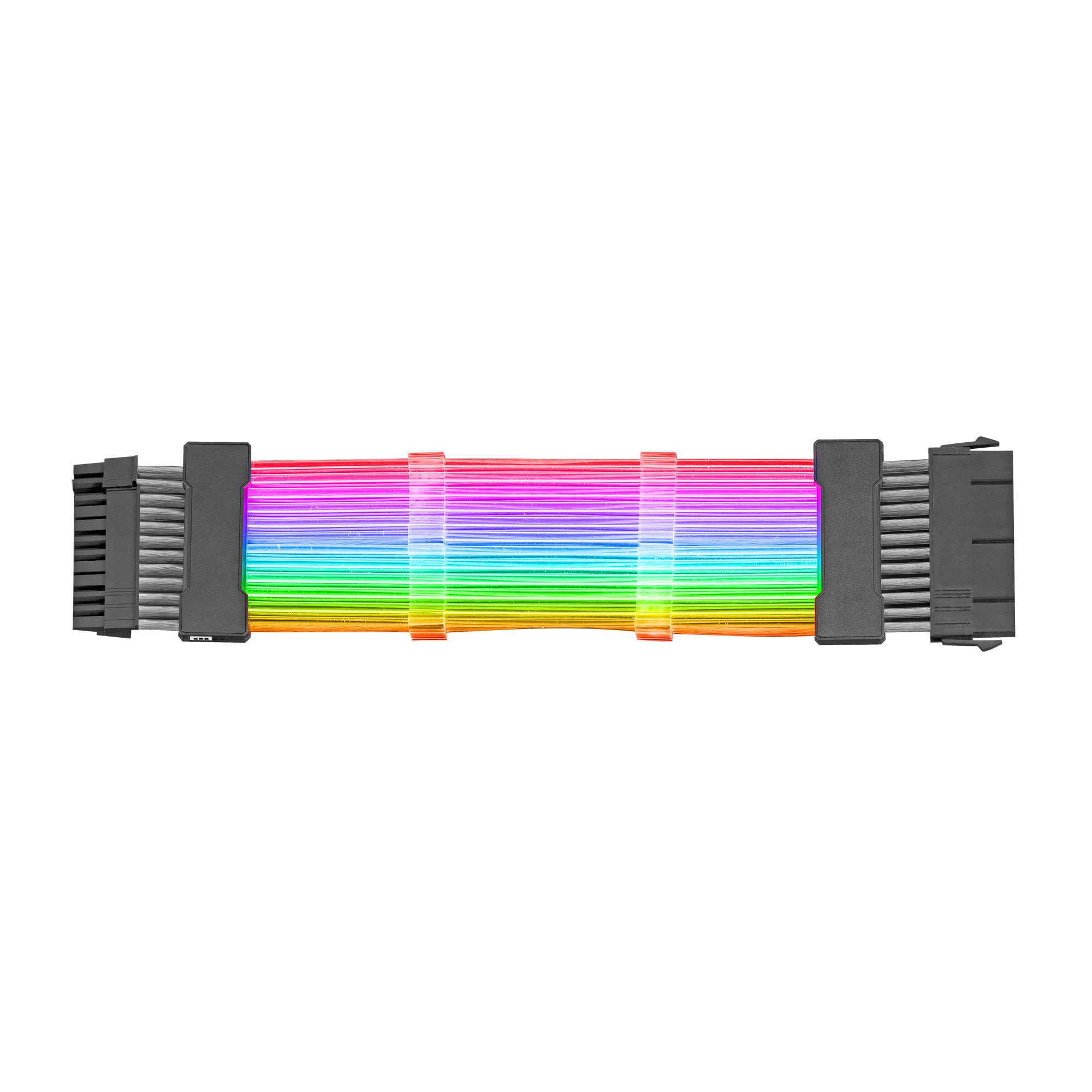 Cavi color arcobaleno per un computer. Luminosi e colorati, con connettori su ogni estremità.
