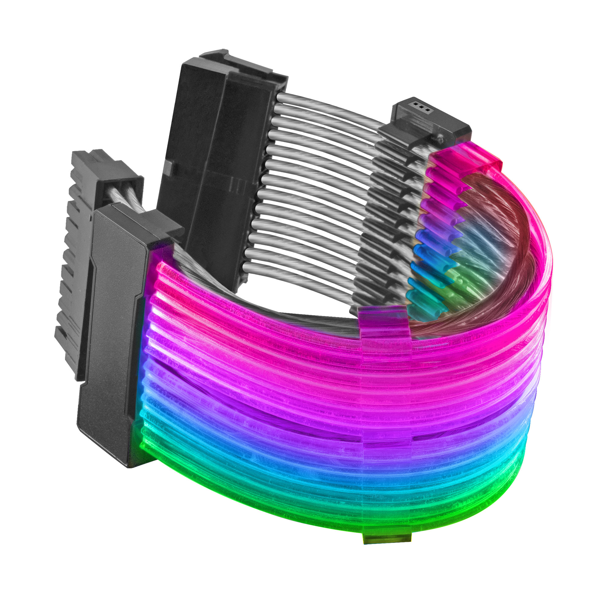 Cavo PC colorato e illuminato con più connettori. Luce color arcobaleno all'interno del cavo.