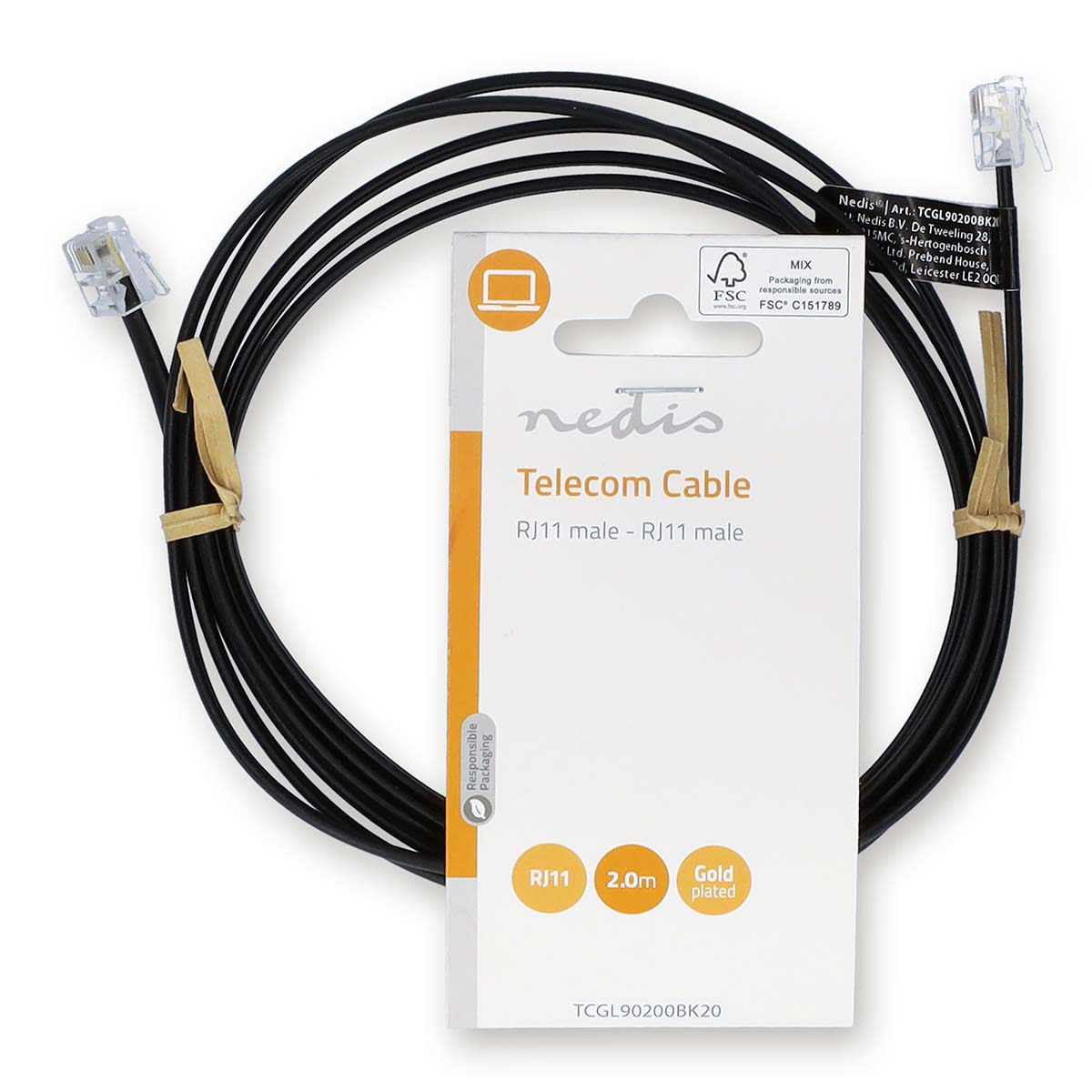 Cavo telecom nero con connettori RJ11, avvolto a cerchio con confezione.
