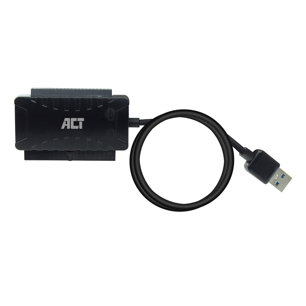 Schwarzes ACT SATA-zu-USB-Adapterkabel. Das Kabel ist mit einem schwarzen Adapter verbunden.