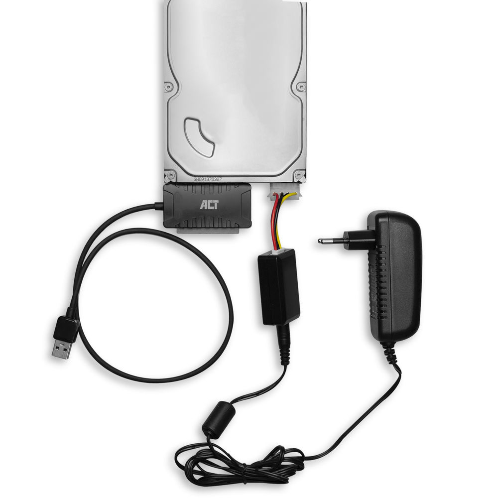Festplatte und Adapterkomponenten. Enthält ein Netzteil und ein USB-Kabel.