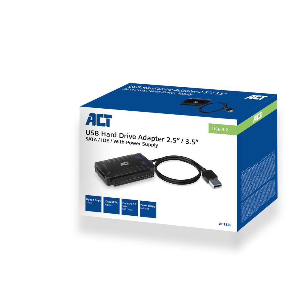Ein schwarzer USB-Festplattenadapter in einer Box. Text: USB-Festplattenadapter 2.5/3.5. Weißer Hintergrund.