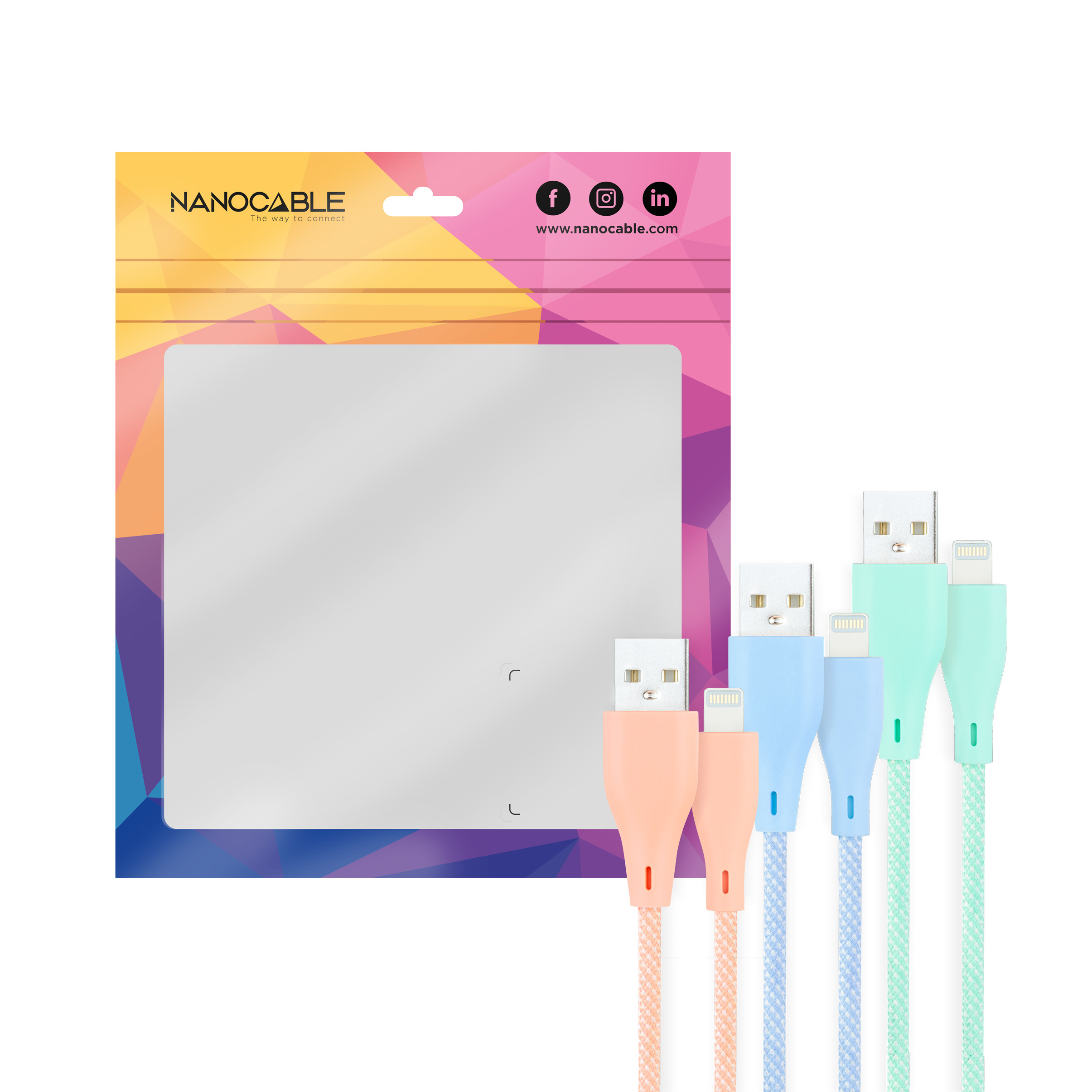 Een verpakking met kleurrijke USB-kabels, met een branding label bovenaan.
