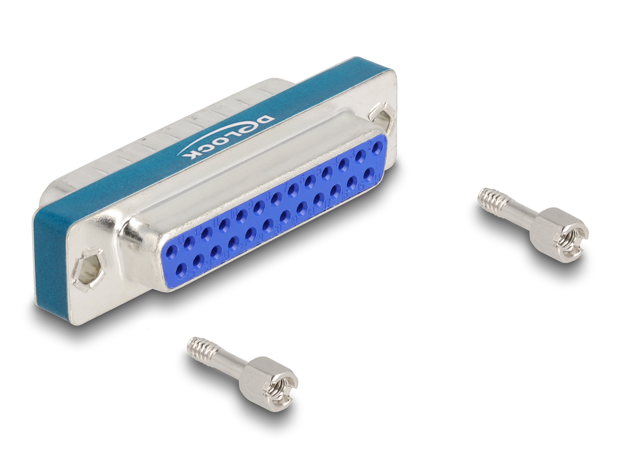Un connettore D-sub con viti, su sfondo bianco, con finitura blu e argento.