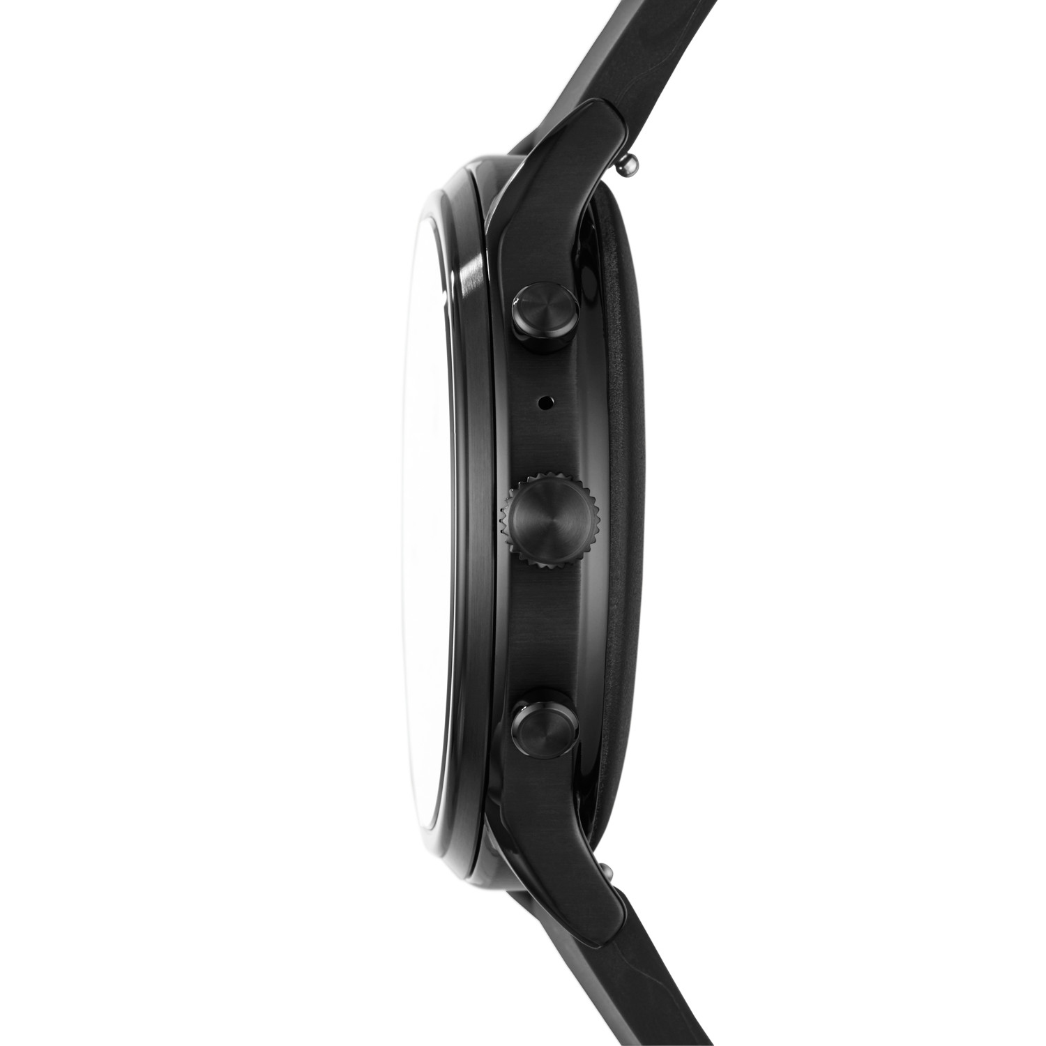 Seitenansicht einer schwarzen Smartwatch mit zwei Knöpfen und einem Zifferblatt.