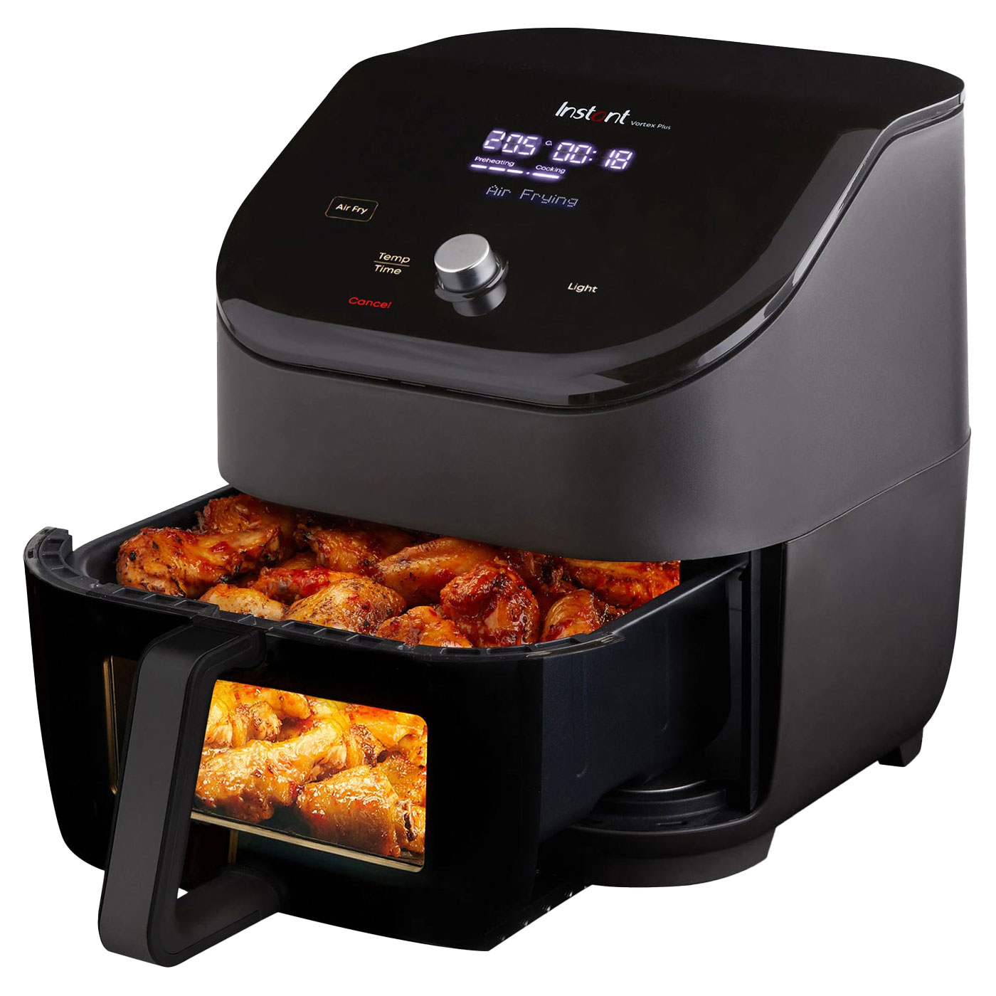 Czarna frytkownica powietrzna z kurczakiem i cyfrowym wyświetlaczem.