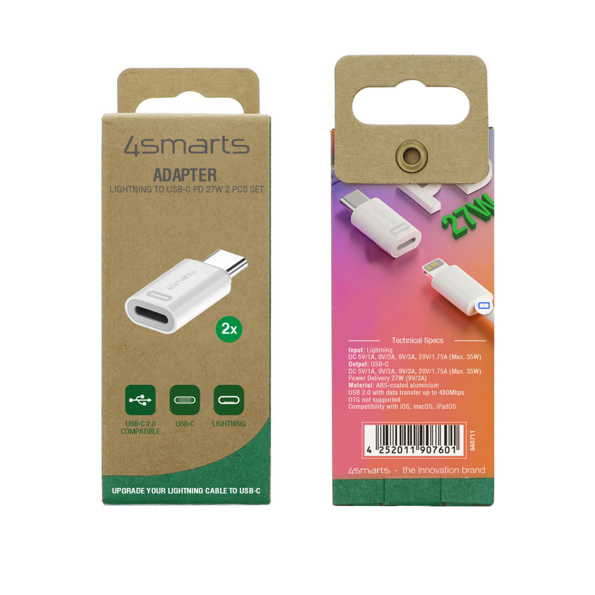 Deux adaptateurs USB-C vers Lightning dans un emballage, avec les spécifications techniques et le nom de la marque.