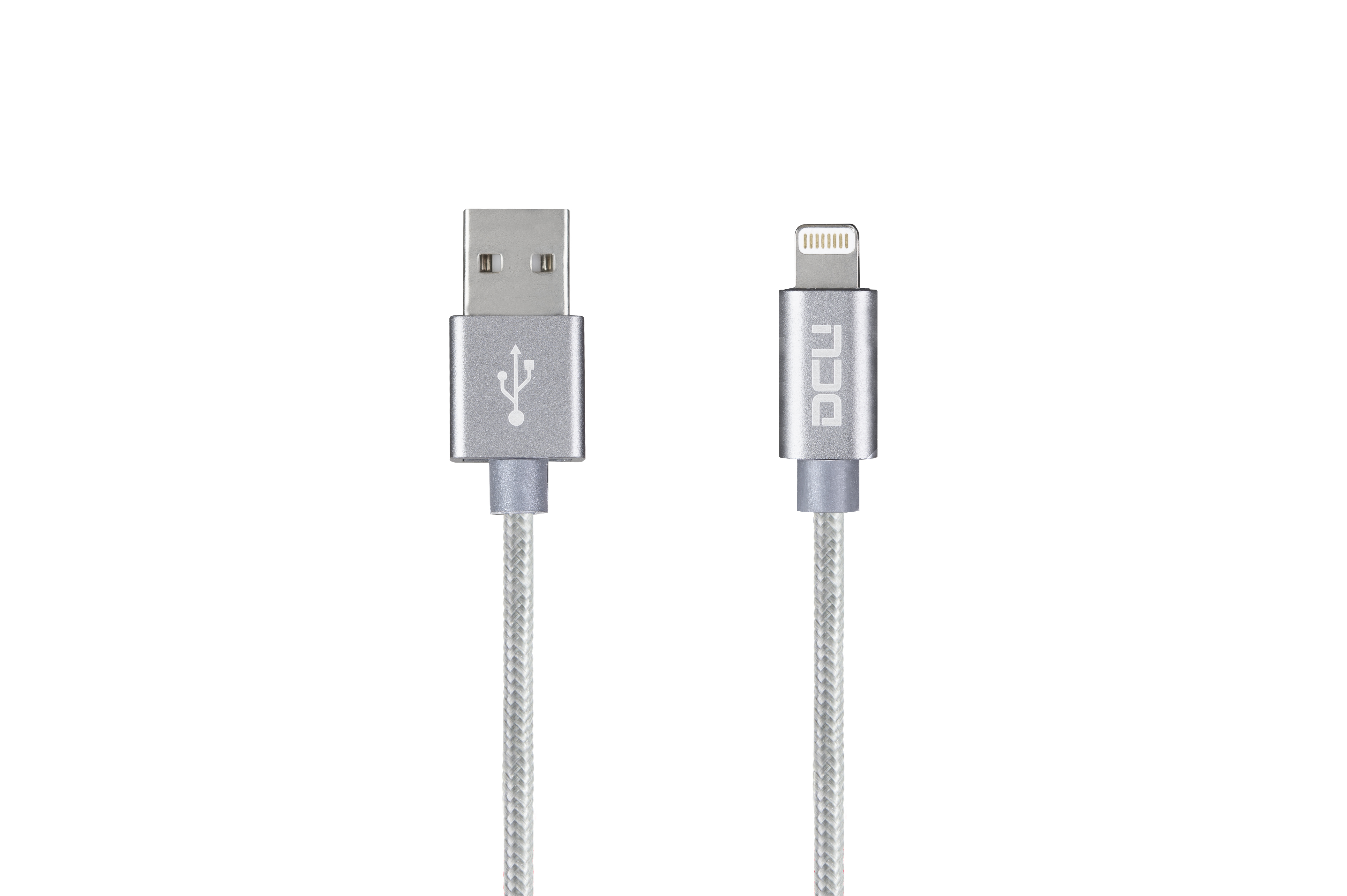 Un cable USB a Lightning plateado. Un extremo es USB, el otro es Lightning, ambos plateados.
