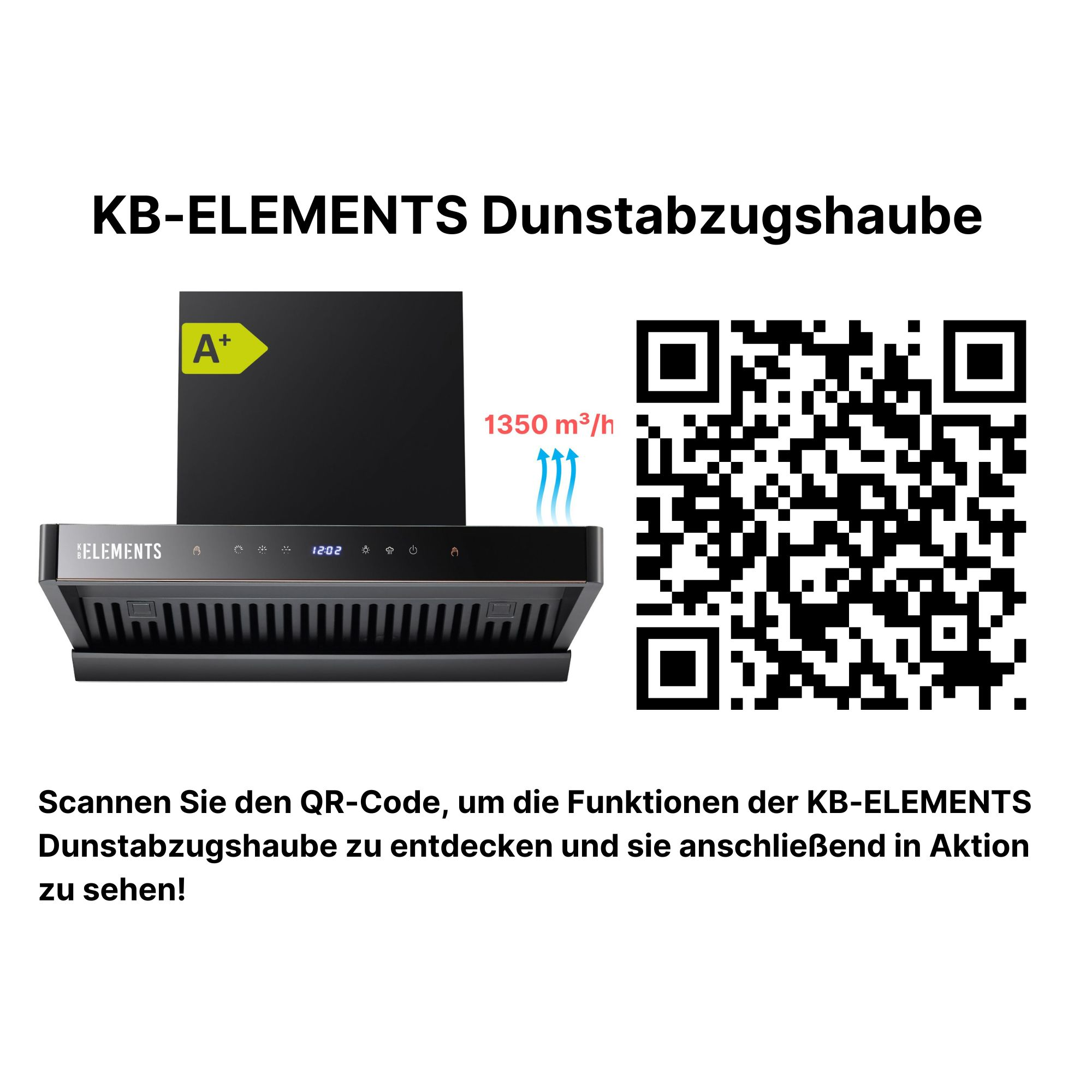 Schwarze Dunstabzugshaube mit Text und einem QR-Code vor weißem Hintergrund.