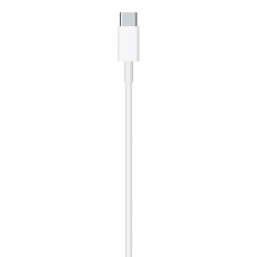 Un cavo di ricarica USB-C bianco. Ha un cavo bianco e un connettore bianco all'estremità.