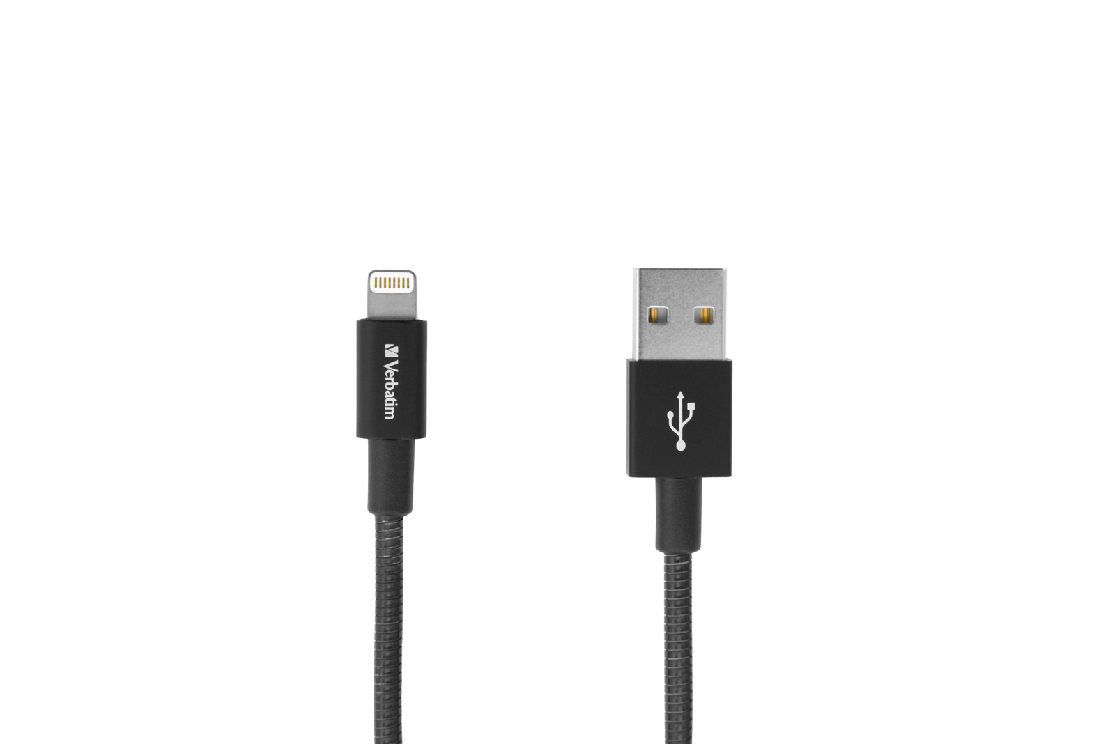 Schwarzes USB-zu-Lightning-Kabel mit Verbatim-Branding auf weißem Grund.