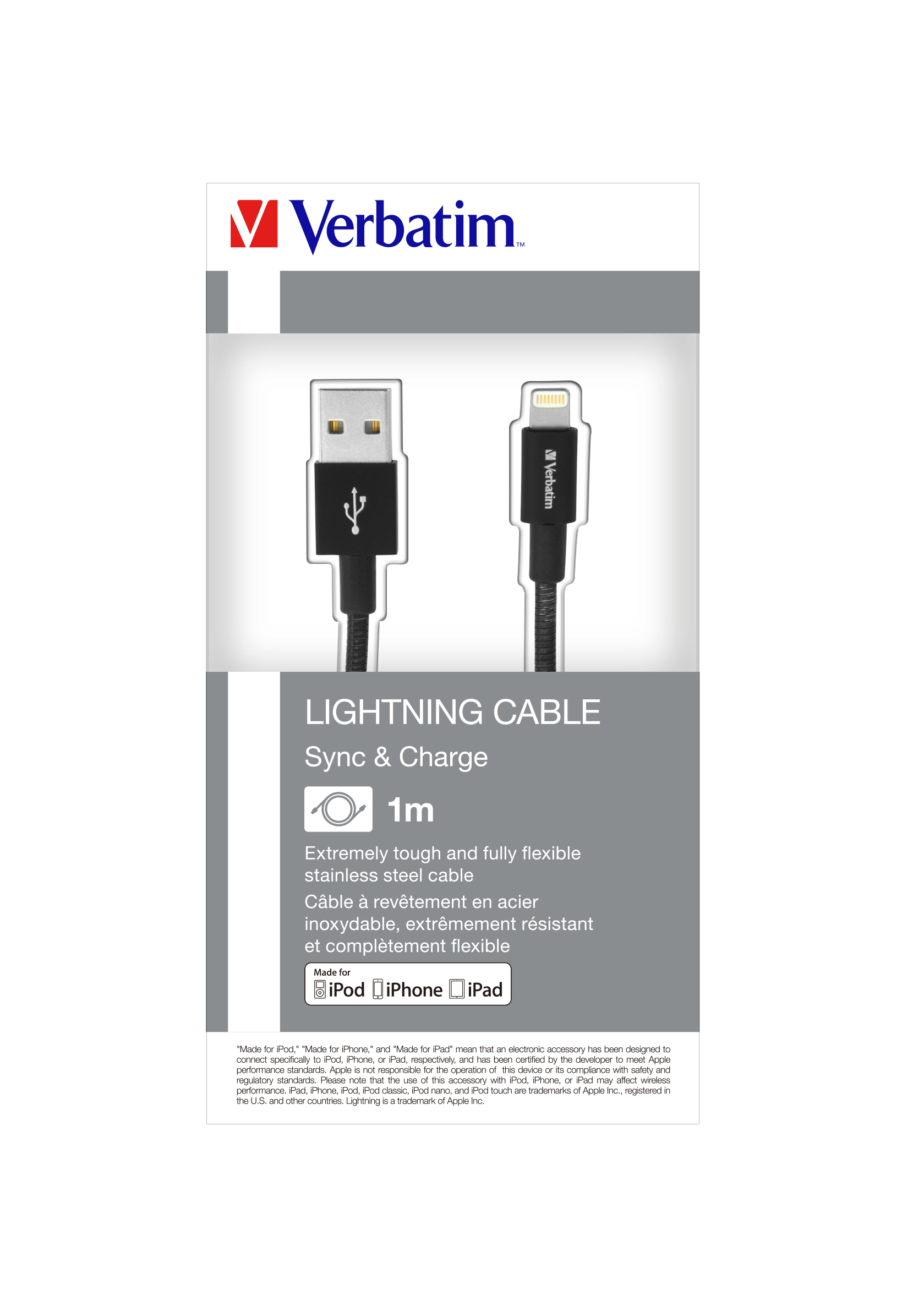 Verbatim Lightning-Kabelverpackung mit Kabel und Anschlüssen. Weißer Hintergrund.