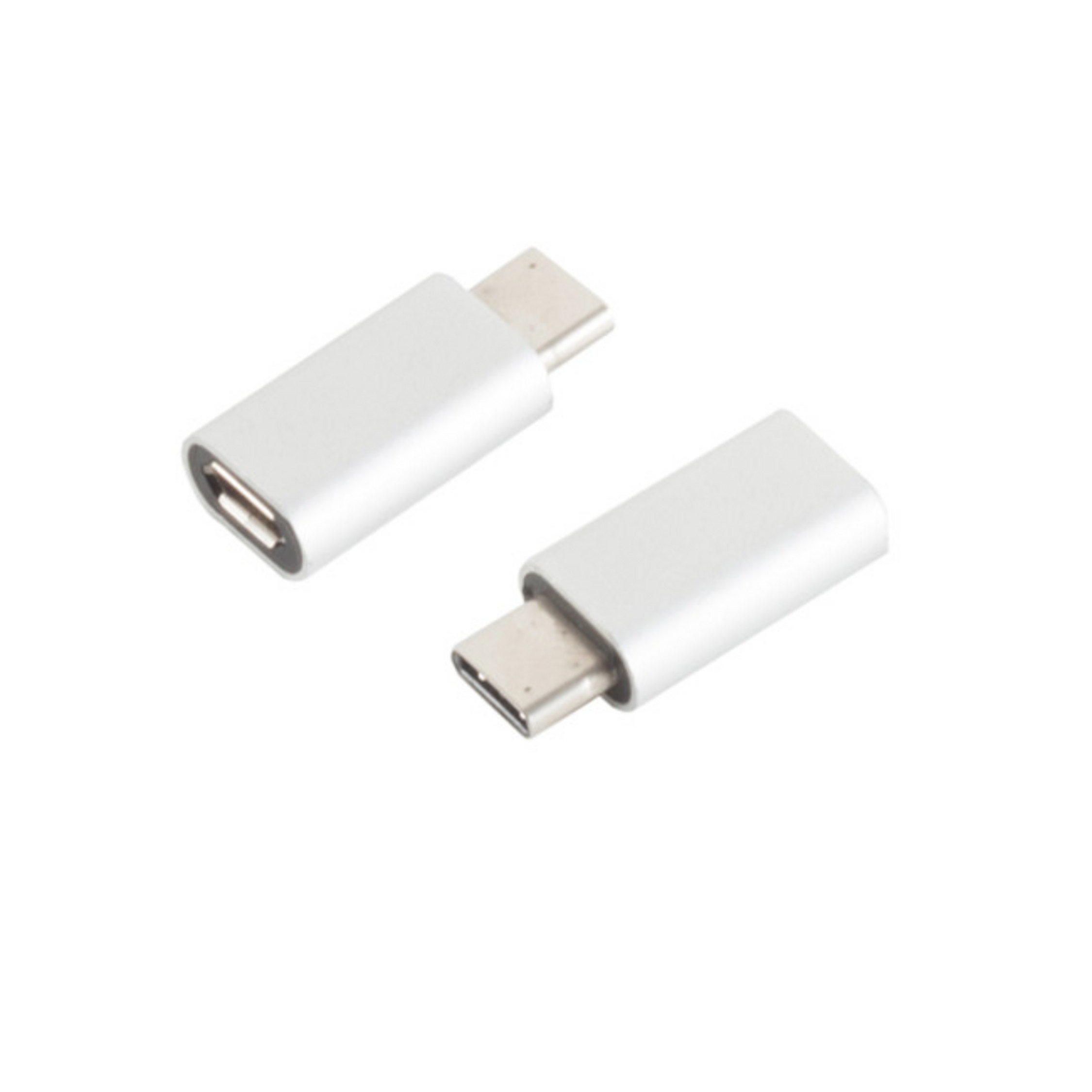 Zwei silberne USB-C-zu-USB-C-Adapter. Weißer Hintergrund.