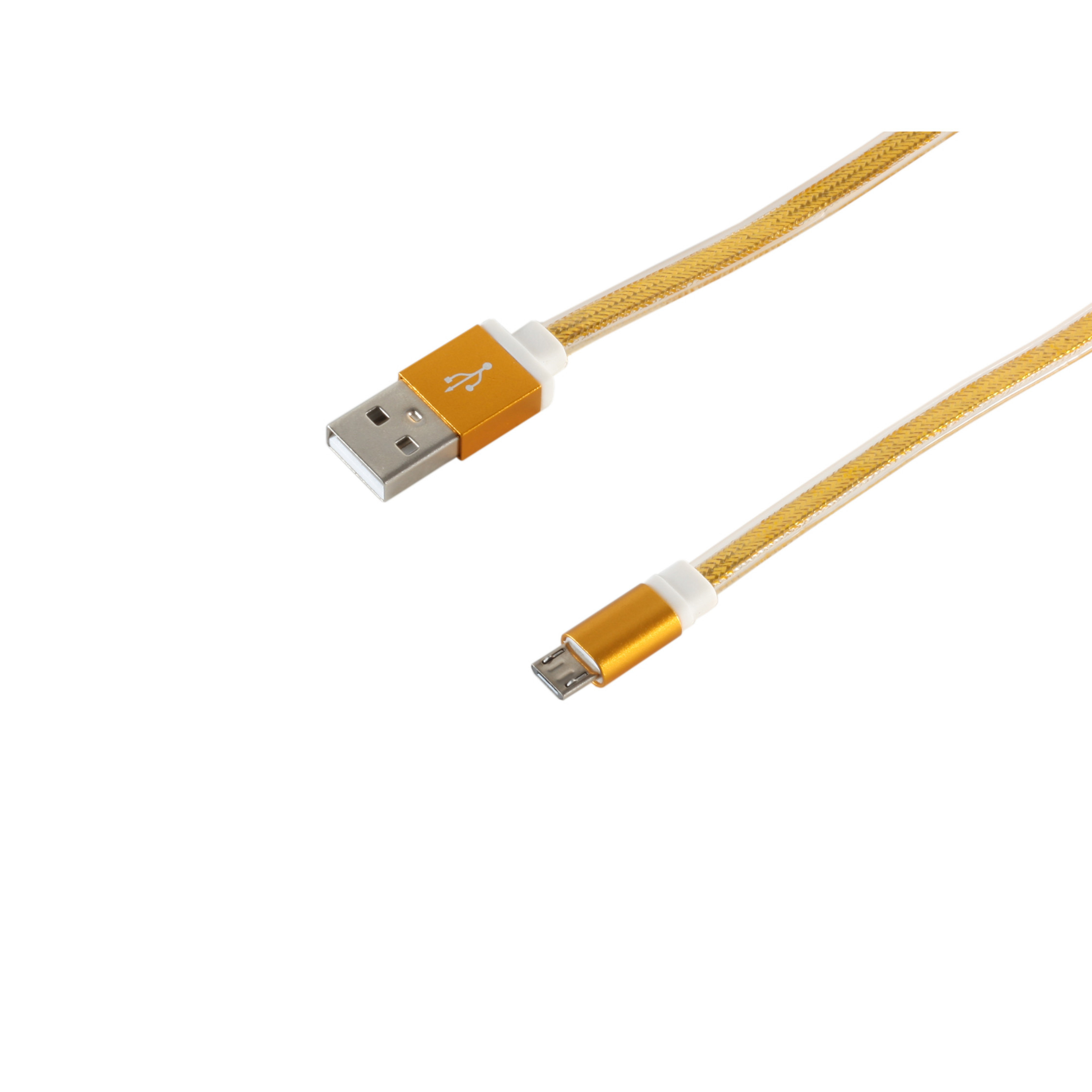 Ein gold-weißes USB-Kabel mit einem goldenen USB-Stecker und einem Micro-USB-Anschluss.