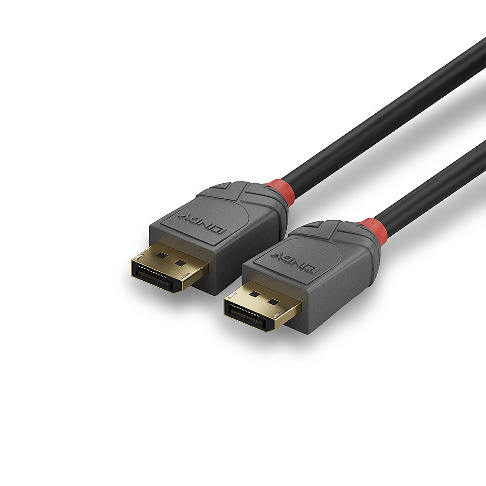 Czarny i szary kabel DisplayPort ze złotymi złączami.
