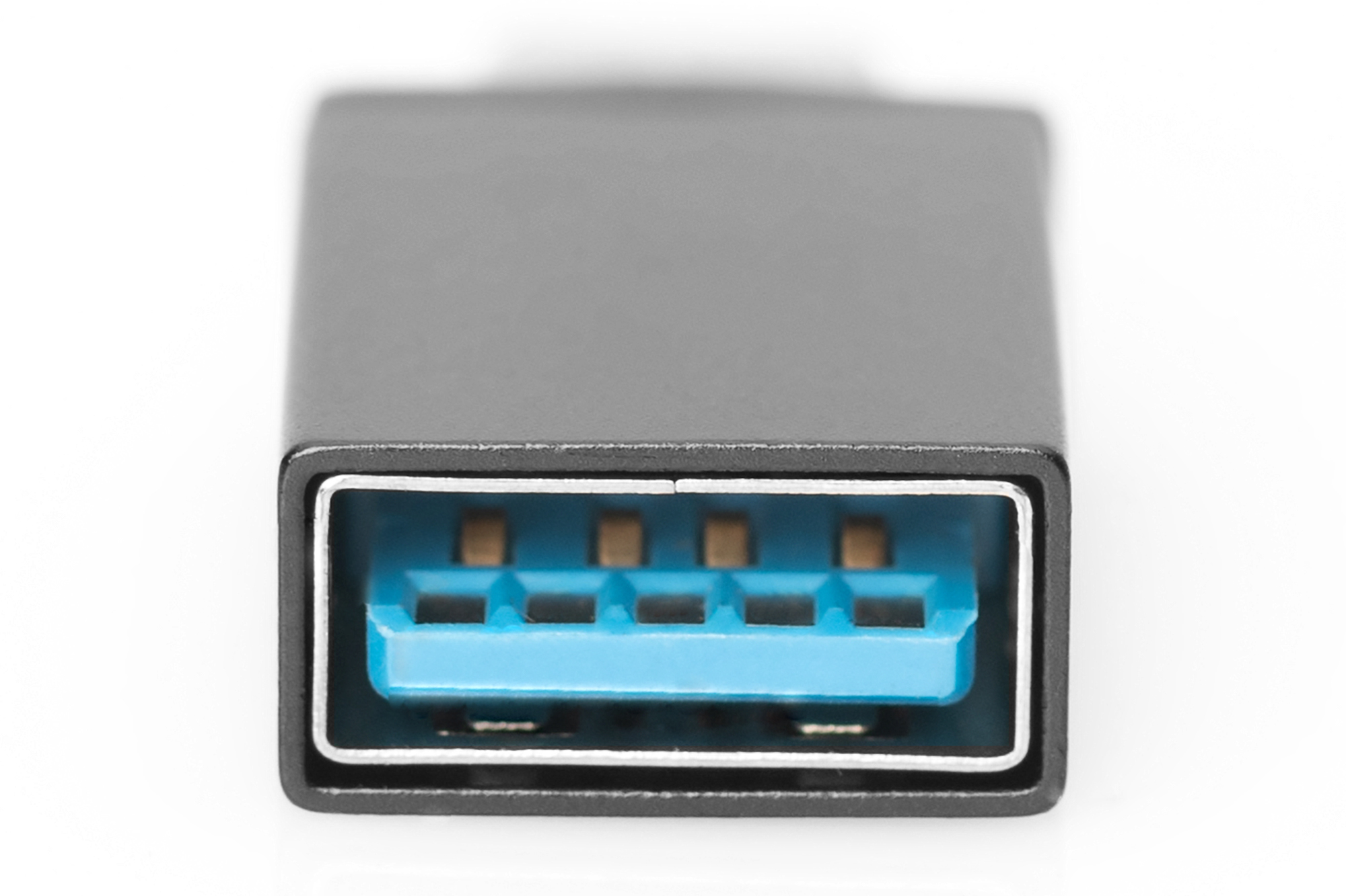 USB 3.0-Anschluss. Er ist schwarz mit blauem Innenraum. Vier goldfarbene Anschlüsse sind sichtbar.