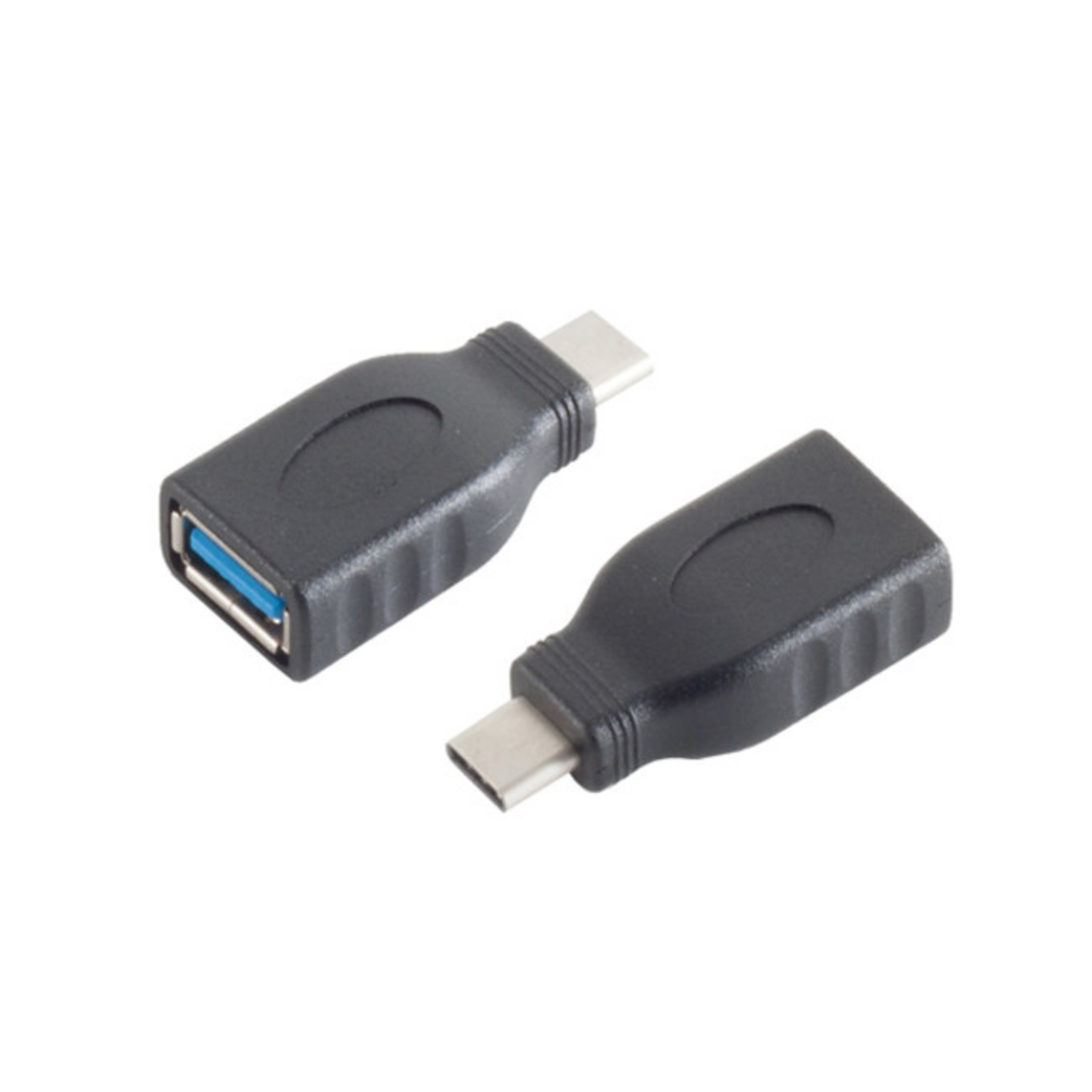 Zwei schwarze USB-C-zu-USB-A-Adapter. Einer hat einen USB-A-Anschluss, der andere einen USB-C-Anschluss.