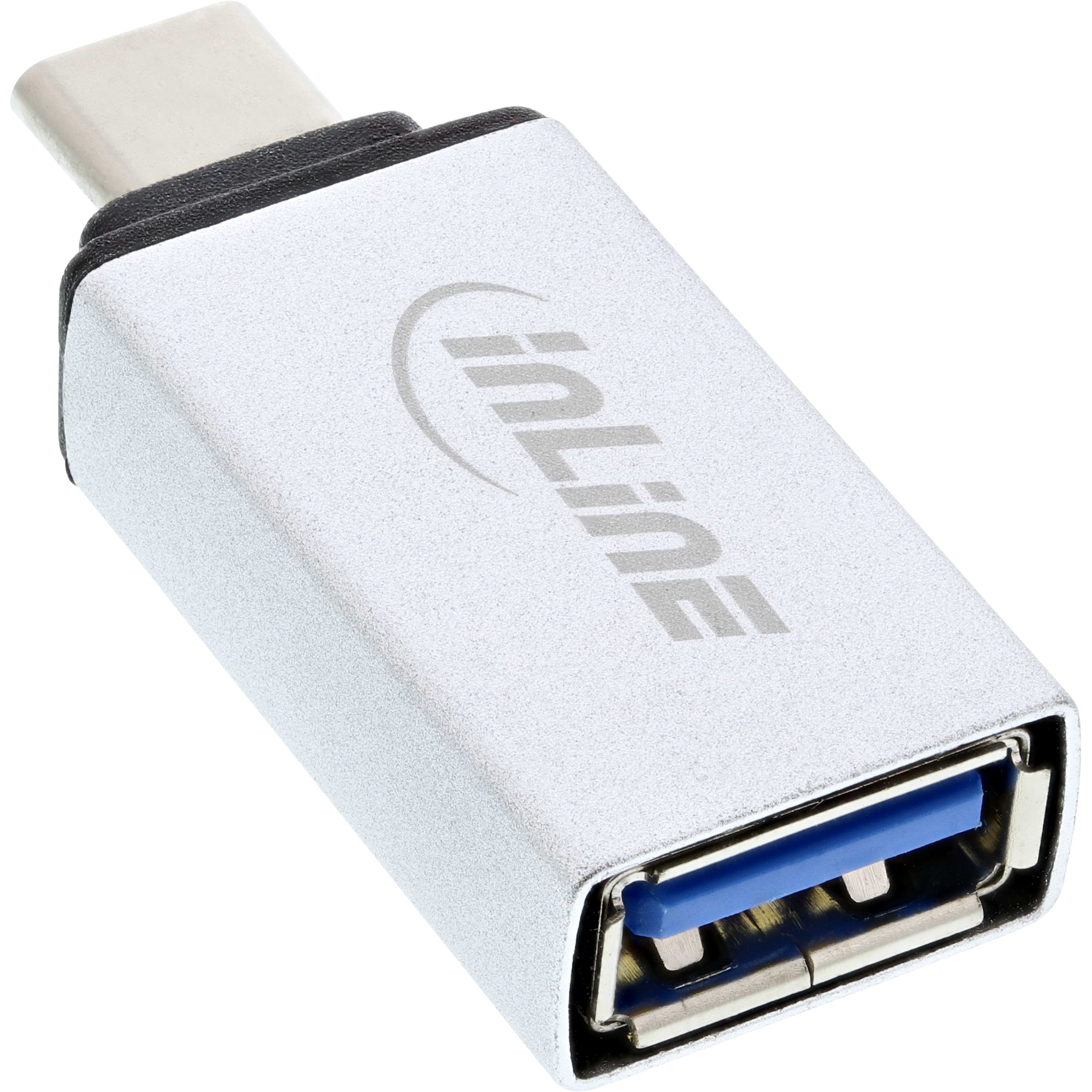 Silberner USB-C-auf-USB-A-Adapter mit dem Logo 'InLine' vor weißem Hintergrund.