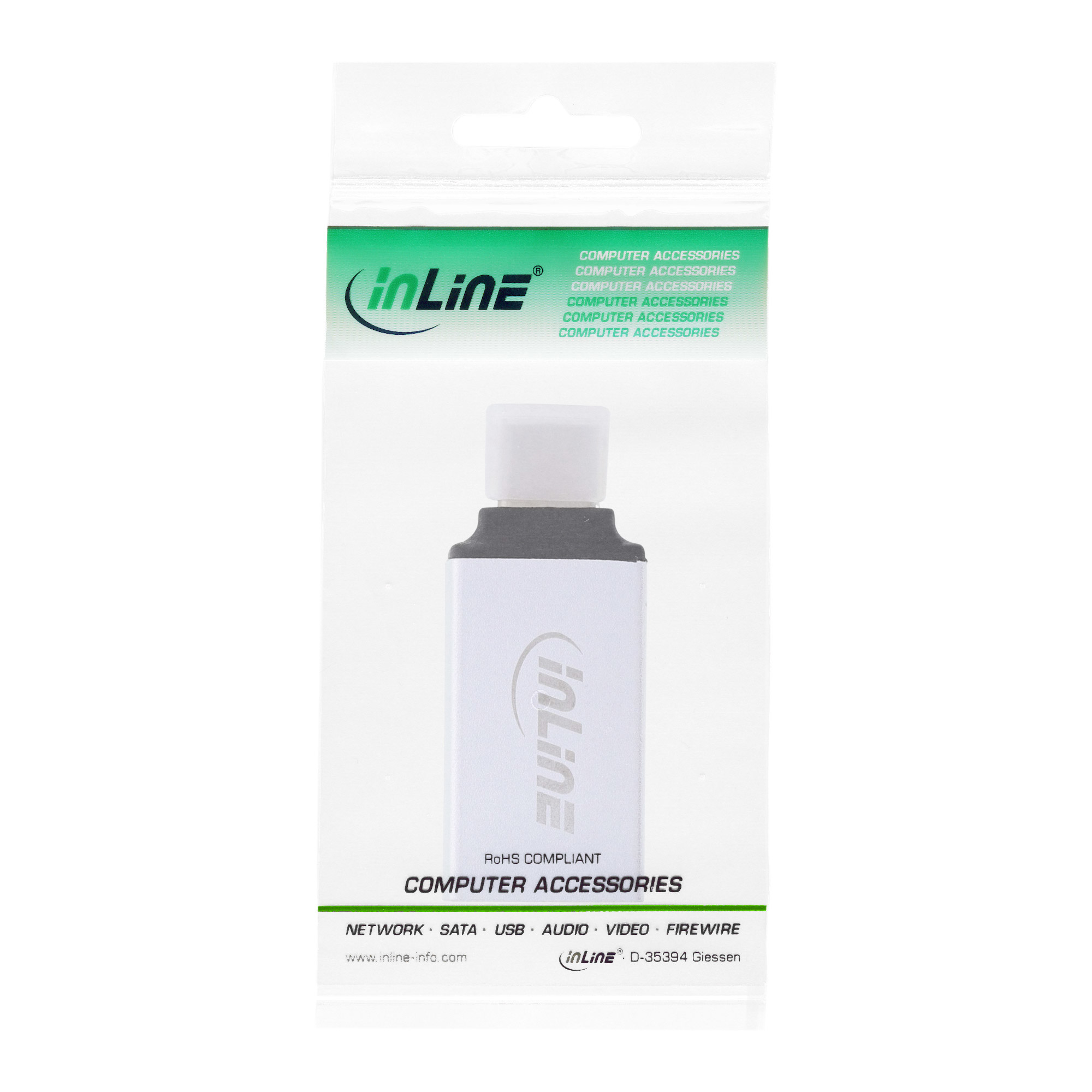 Weiß-grüne Verpackung mit einem schwarzen USB-Laufwerk darin. Das Paket hat Text und Branding.
