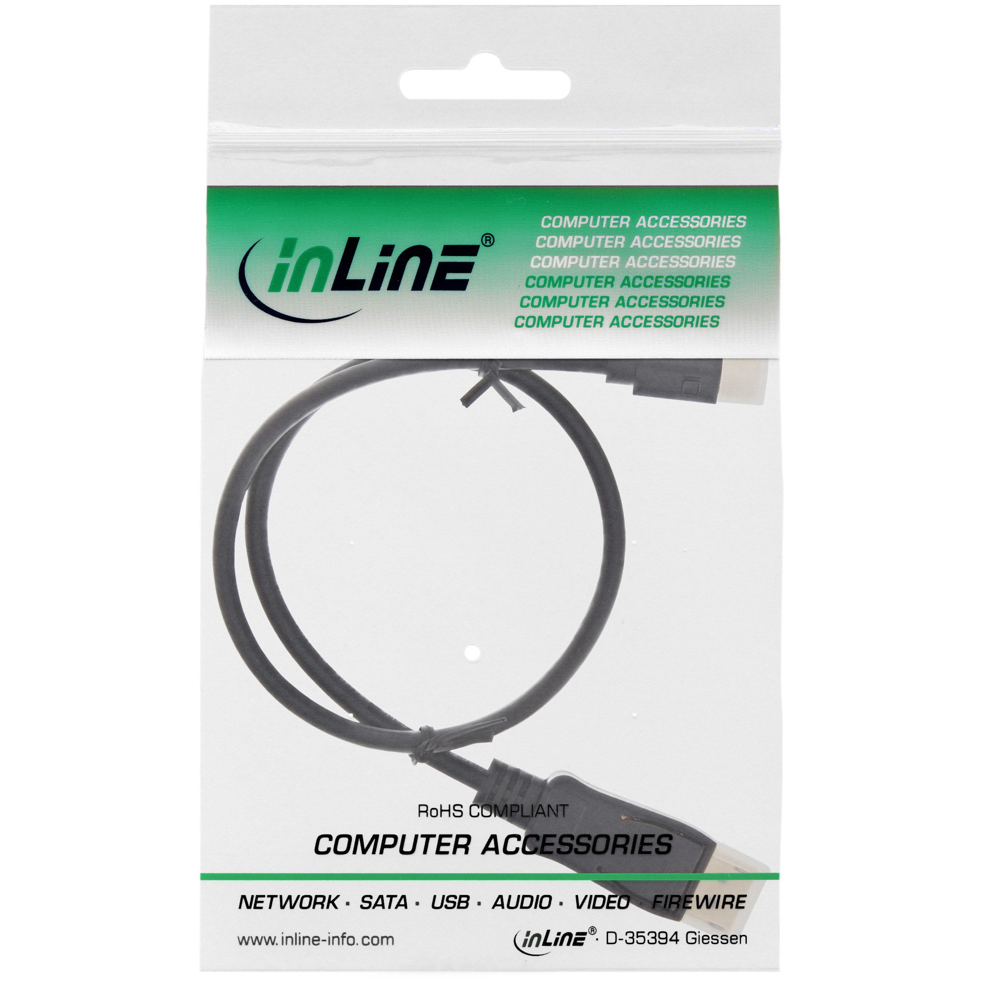 Cavo USB nero in una confezione di plastica. La confezione ha un design verde e bianco.