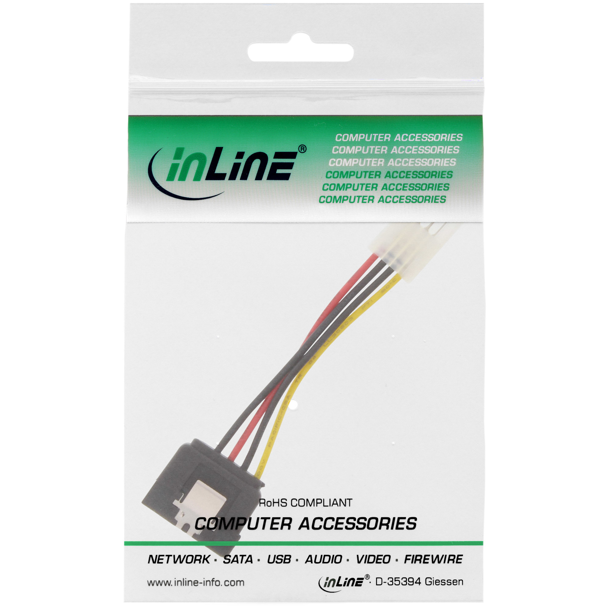 Cable de datos y alimentación SATA en embalaje, con 'ACCESORIOS DE ORDENADOR' e 'inLine'.