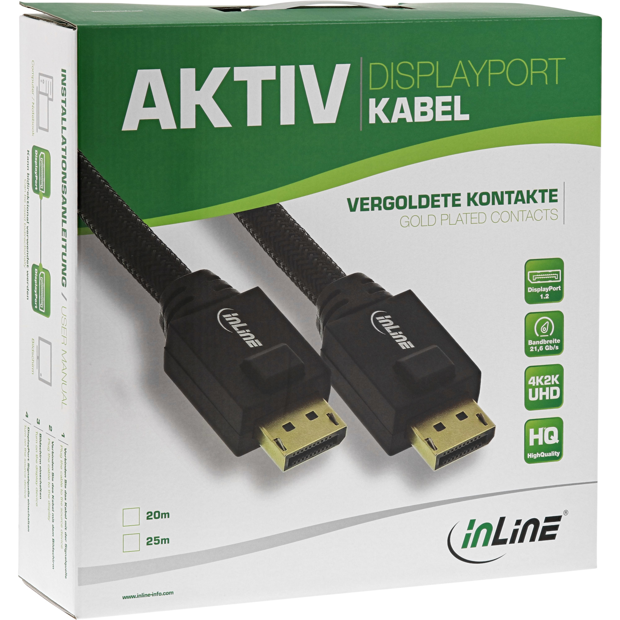 Box mit einem DisplayPort-Kabel mit vergoldeten Kontakten. Enthält Text und Logos. Weißer Hintergrund.