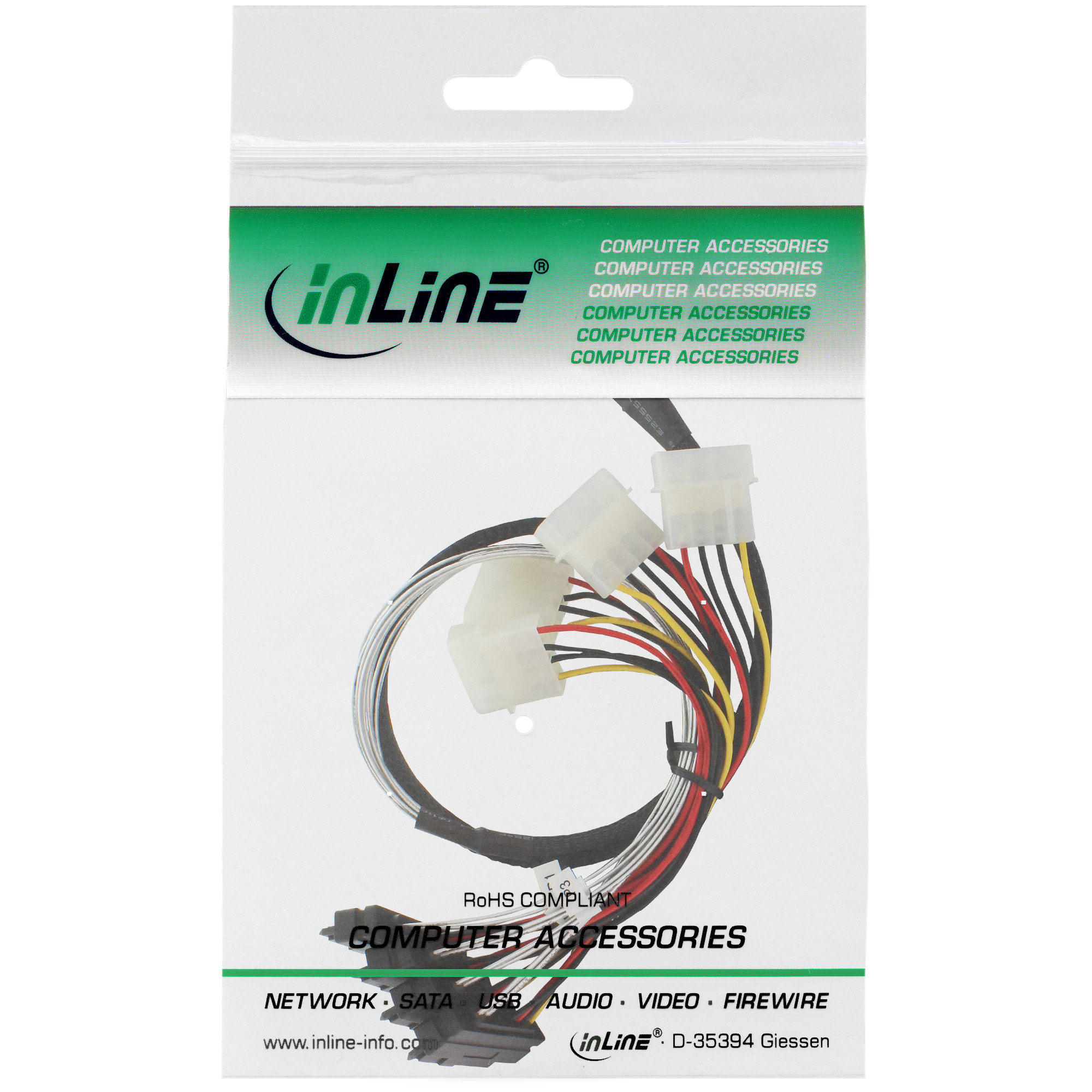 Verpackung für Computerzubehör, zeigt ein rotes SATA-Kabel und Anschlüsse in einer Plastiktüte.