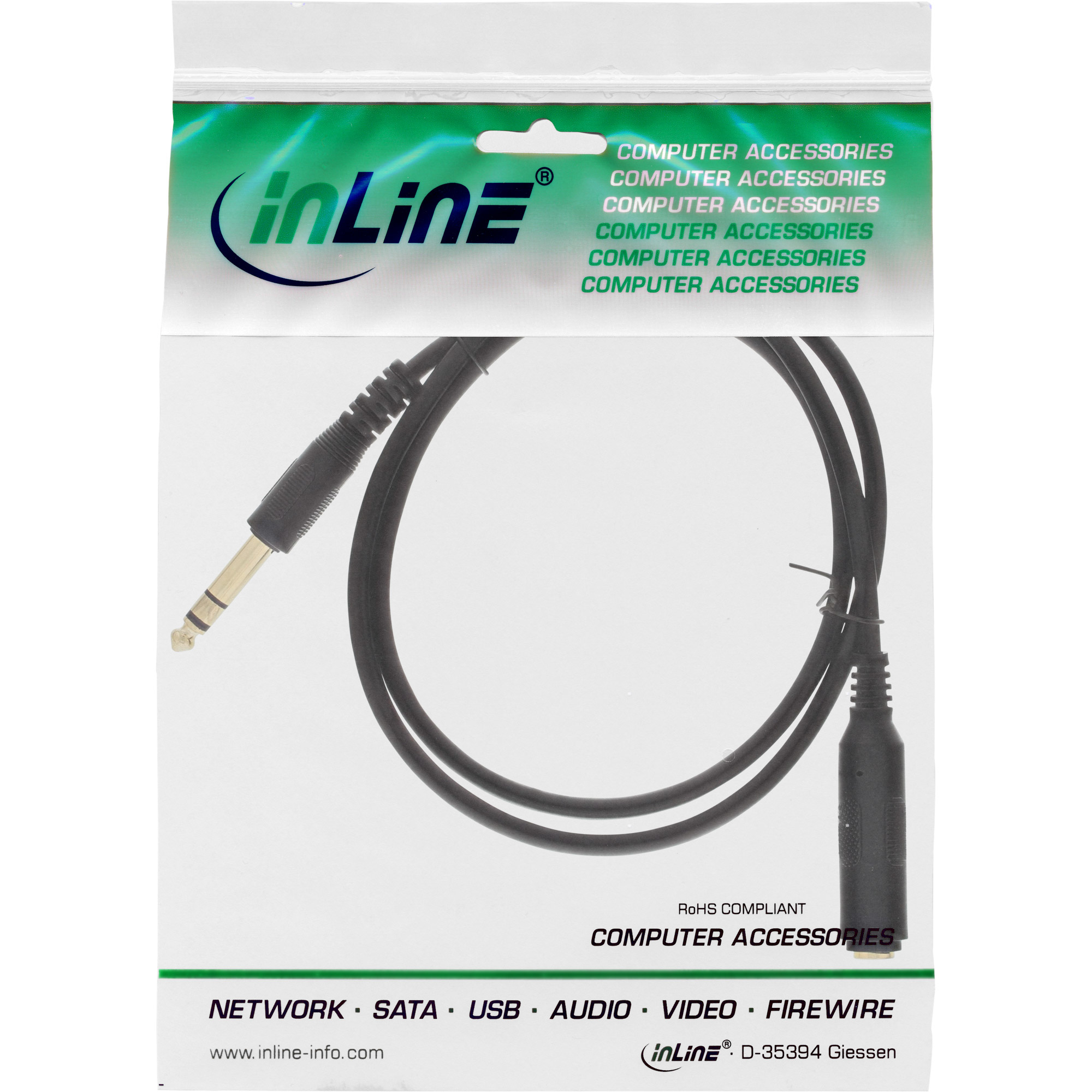 Eine Plastiktüte mit einem Audiokabel. Das Kabel ist schwarz und hat einen vergoldeten Stecker.