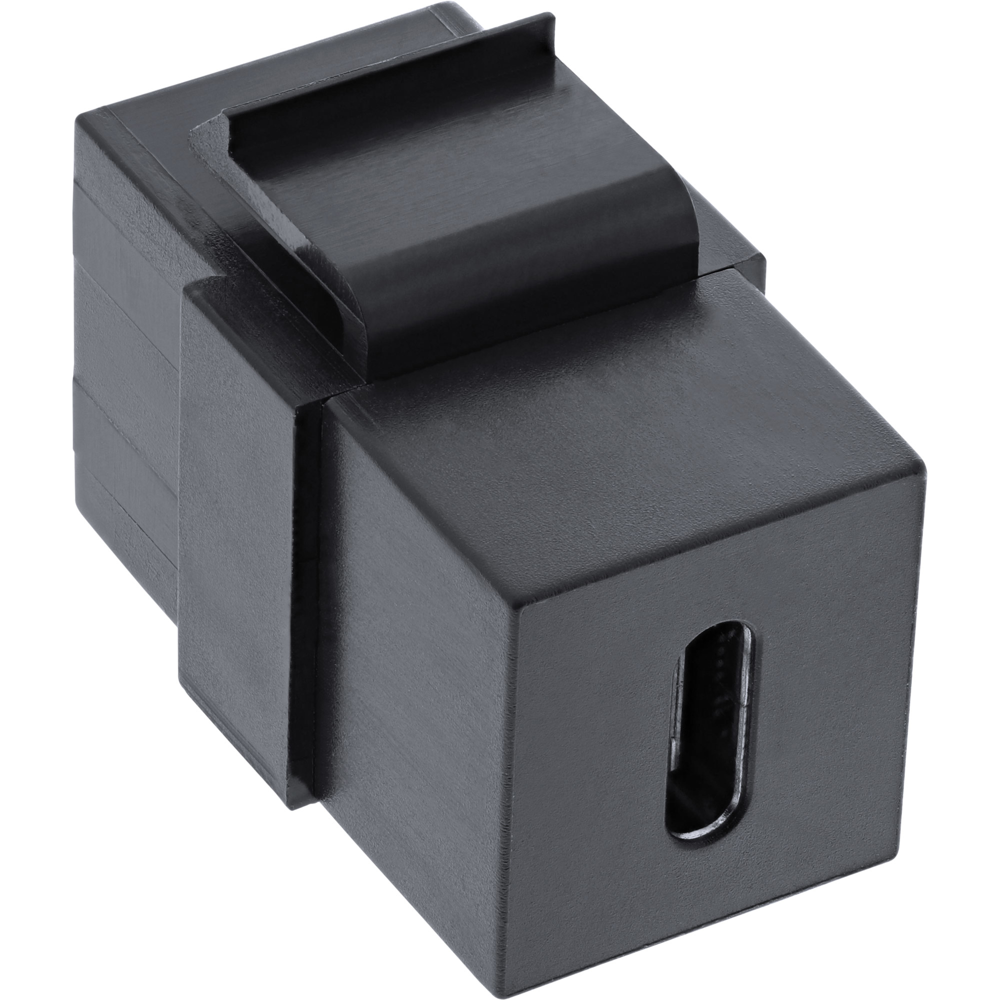 Schwarzer USB-C-auf-USB-C-Adapter mit rechteckigem Design. Winkelansicht.