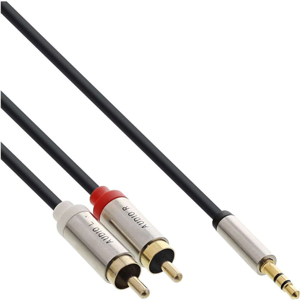Zwei Cinch-Kabel mit 3,5-mm-Klinke am Ende, schwarze Kabel, silberne Enden und rotes Band.