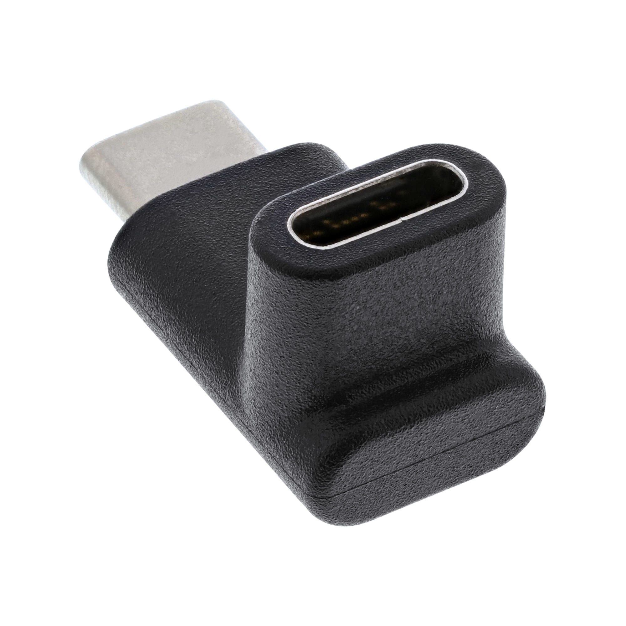 Schwarzer USB-C-Adapter mit einer Buchse an der Seite, isoliert auf Weiß.