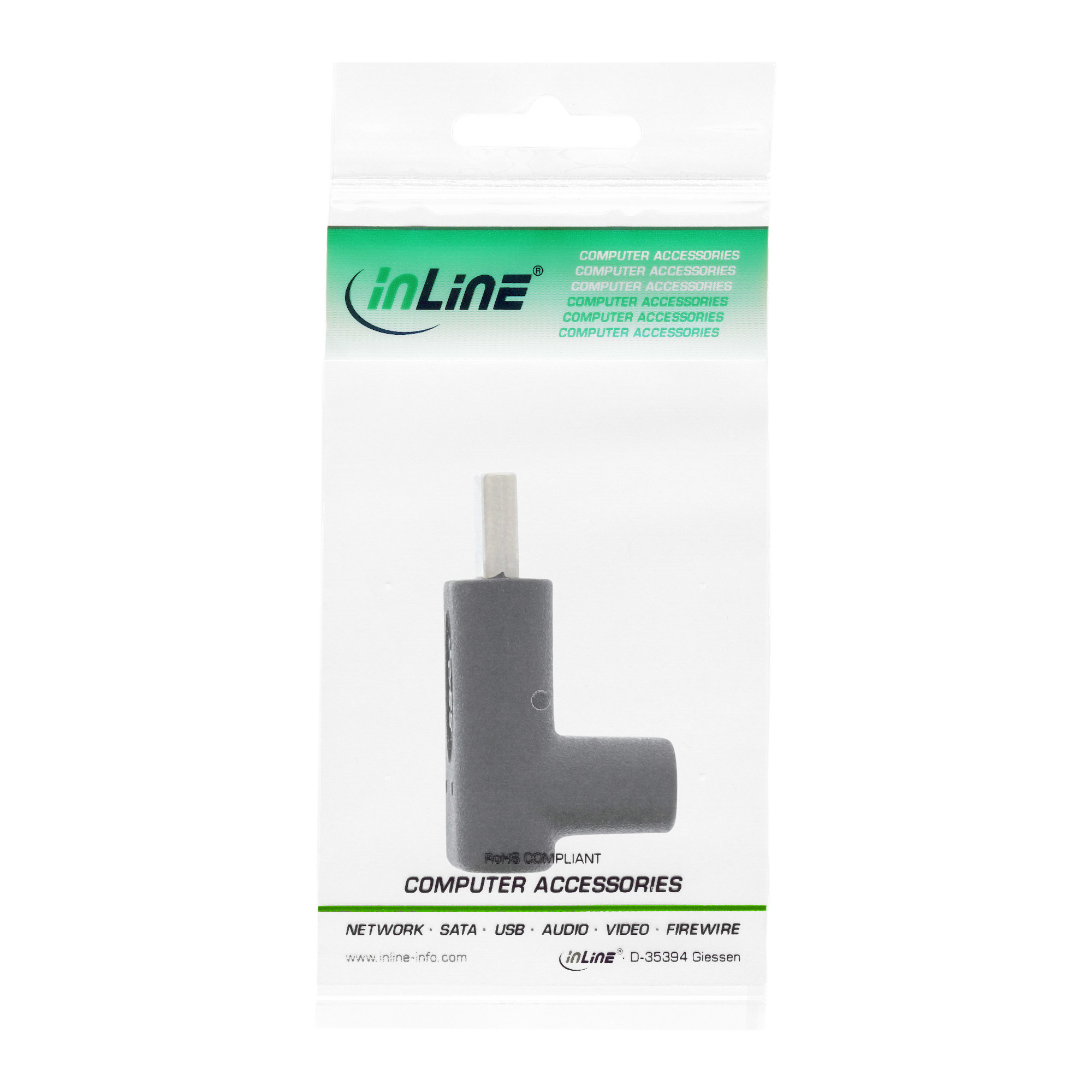 Ein L-förmiger Adapter in einer Plastikverpackung mit Text vor weißem Hintergrund.