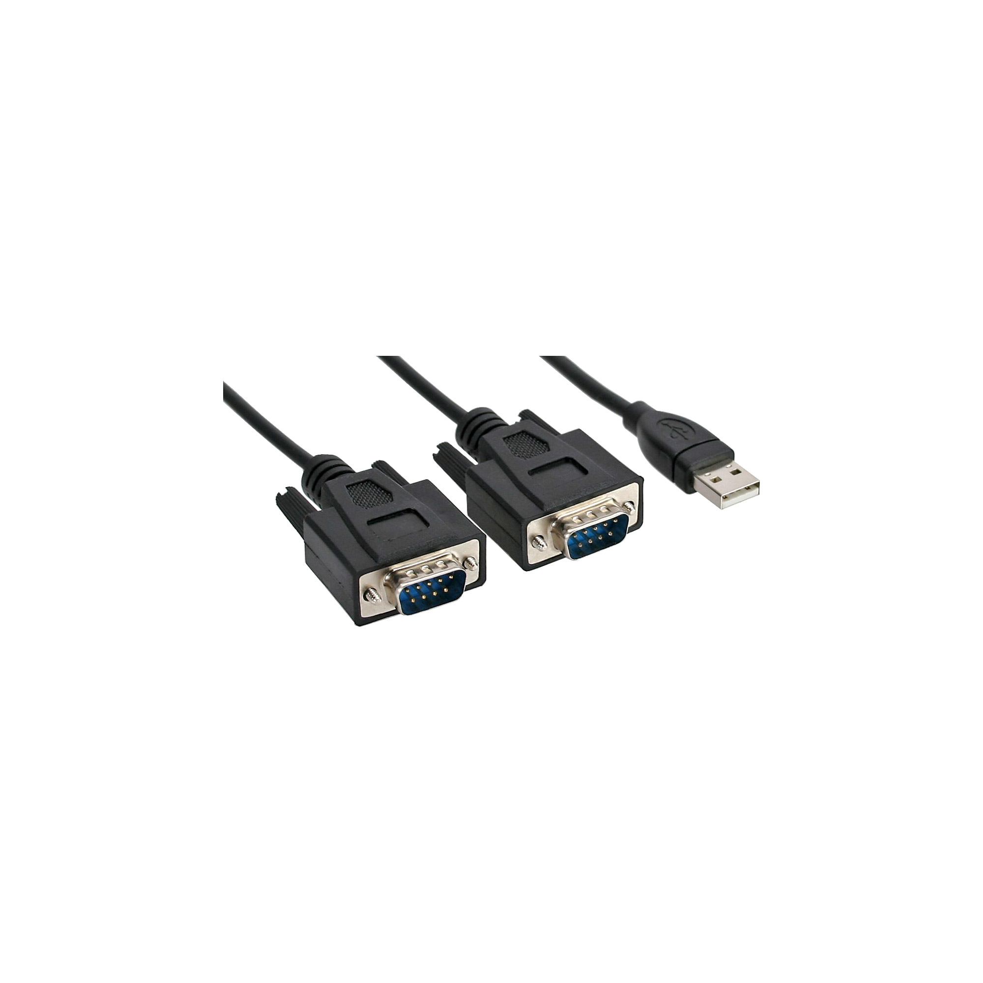 Cavi seriali neri con connettori blu e connettore USB su sfondo bianco.