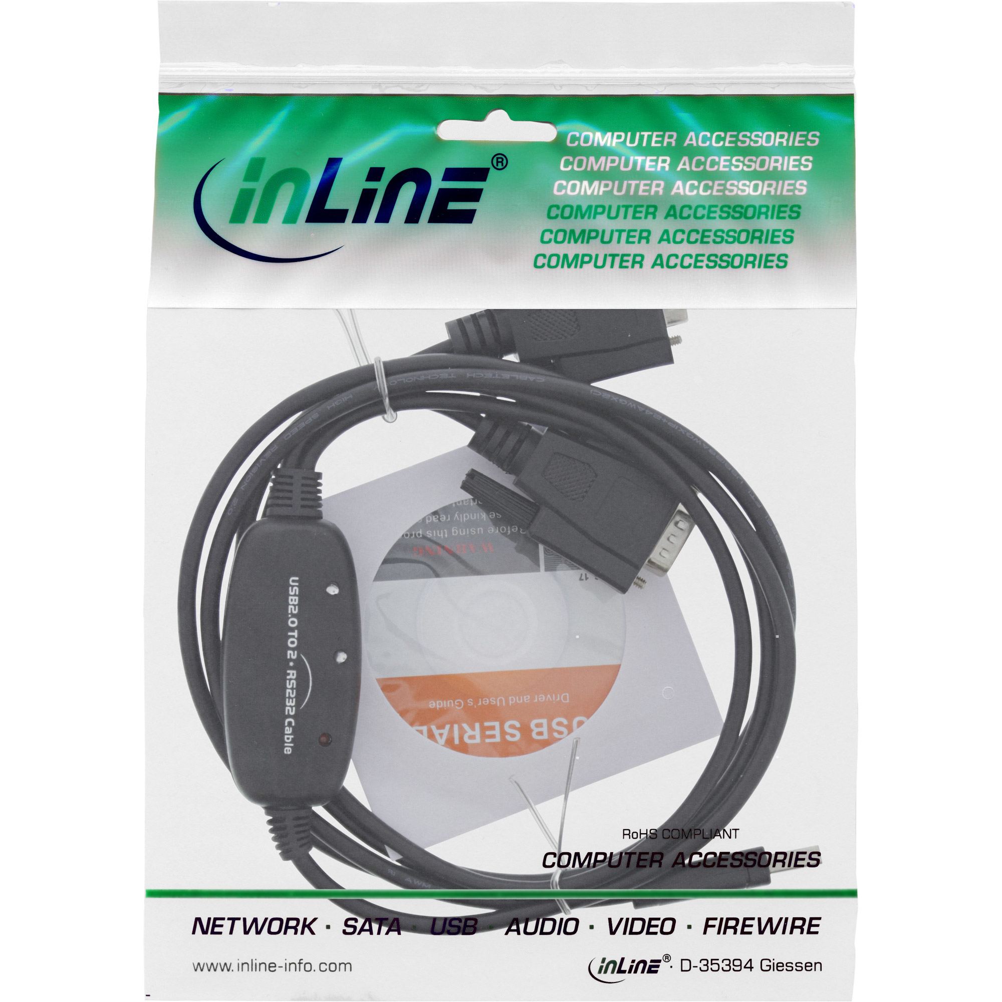 Cavo da USB a seriale con connettori e un CD dei driver, confezionato in un sacchetto di plastica trasparente.