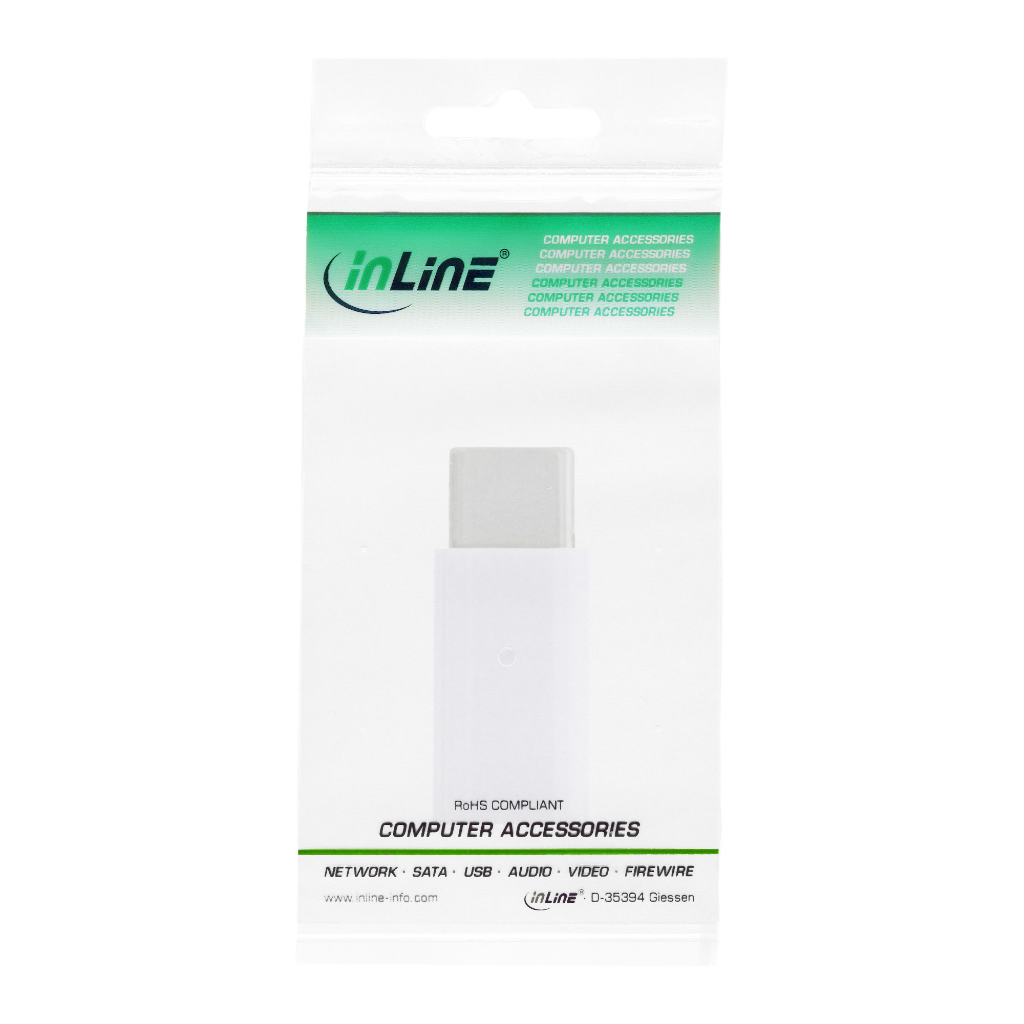 Ein weißer USB-Adapter in einer Plastikverpackung mit grünem und weißem Text. Der Text lautet 'Computer Zubehör'.