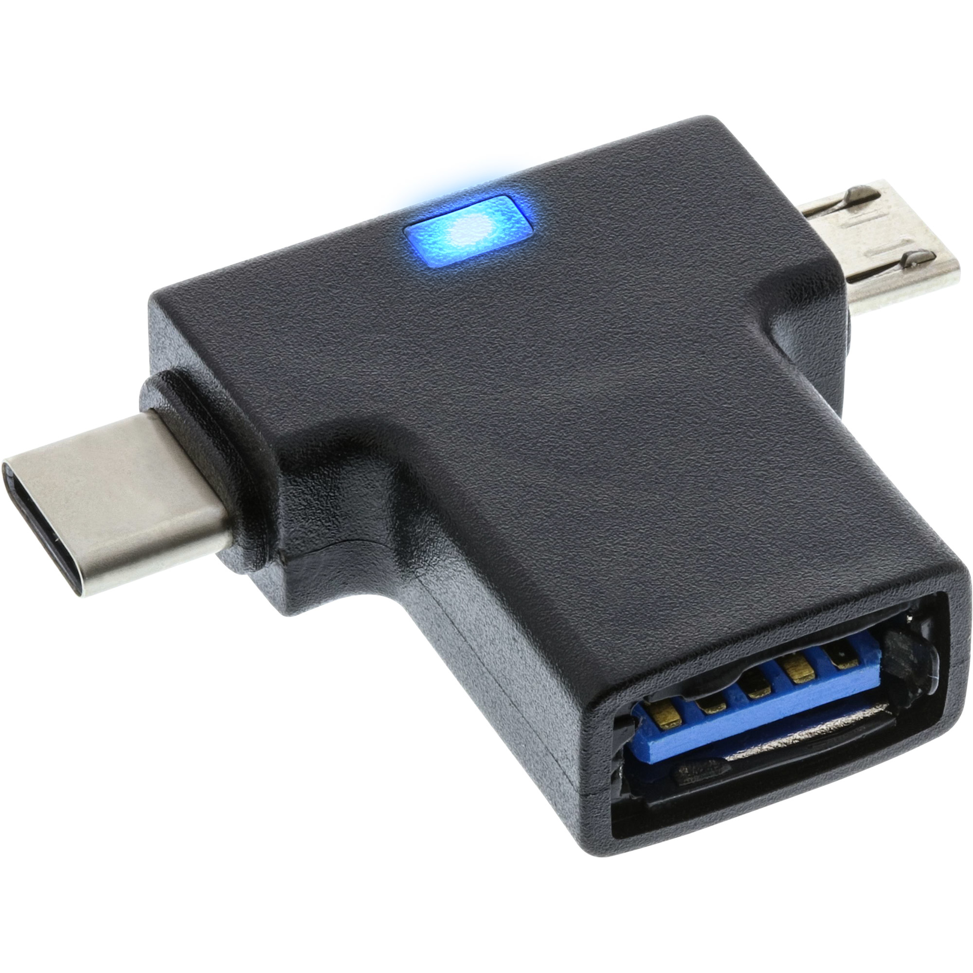 Schwarzer USB-Adapter mit blauem Licht, verschiedene Anschlusstypen.