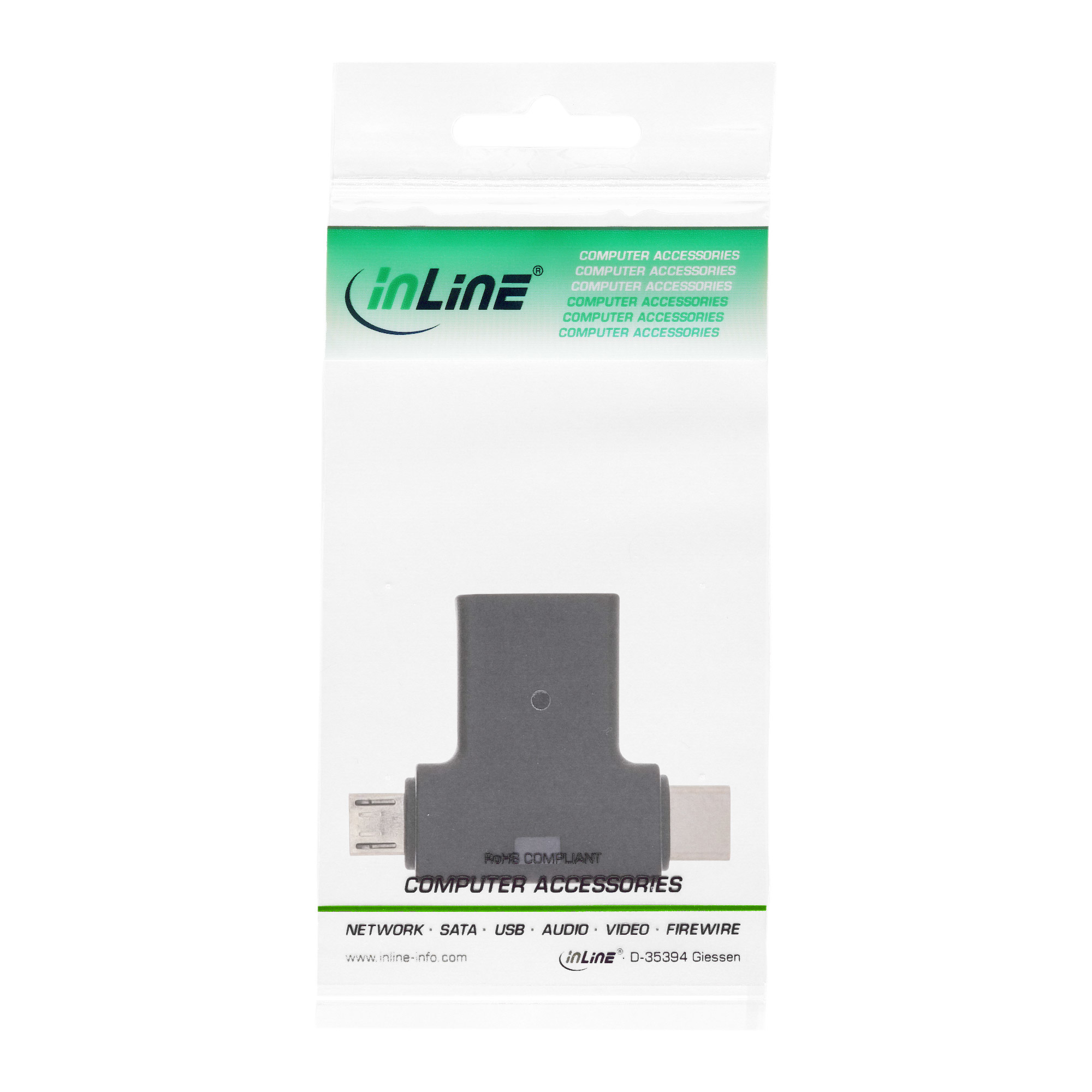 Ein grauer USB-Adapter in einer Plastiktüte, beschriftet mit 'Computer Zubehör'.