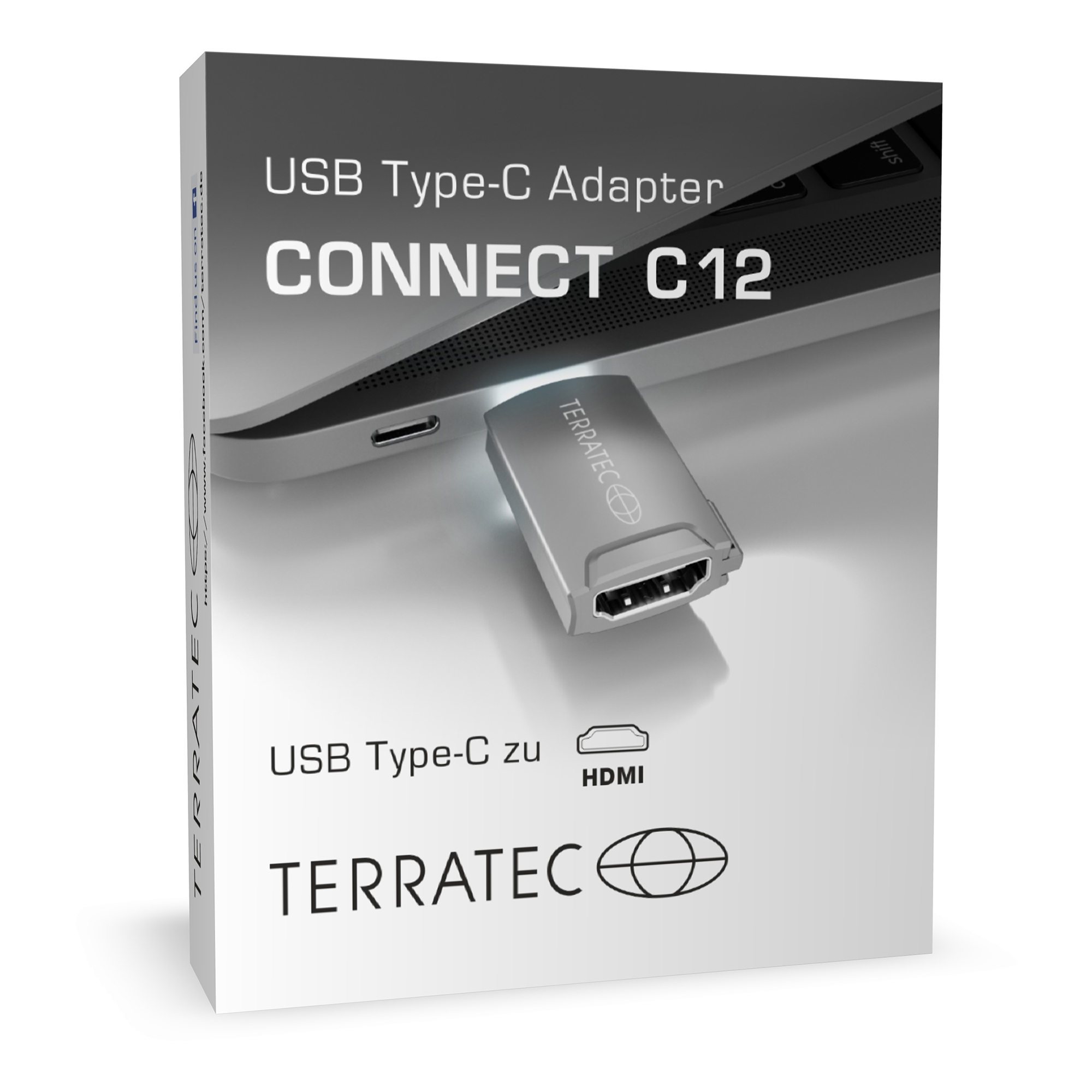 Weißer USB-Typ-C-Adapter in einer Box. Die Box zeigt ein Bild des Adapters. Weißer Hintergrund.