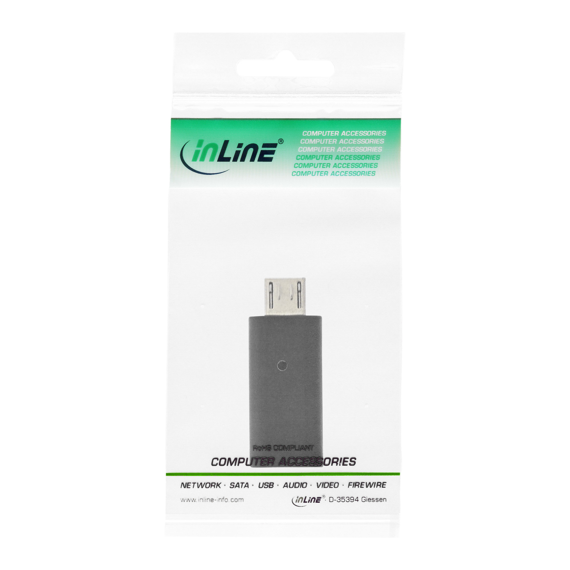USB-Adapter in einer transparenten Kunststoffverpackung mit Text "Computerzubehör". Grauer Adapter.