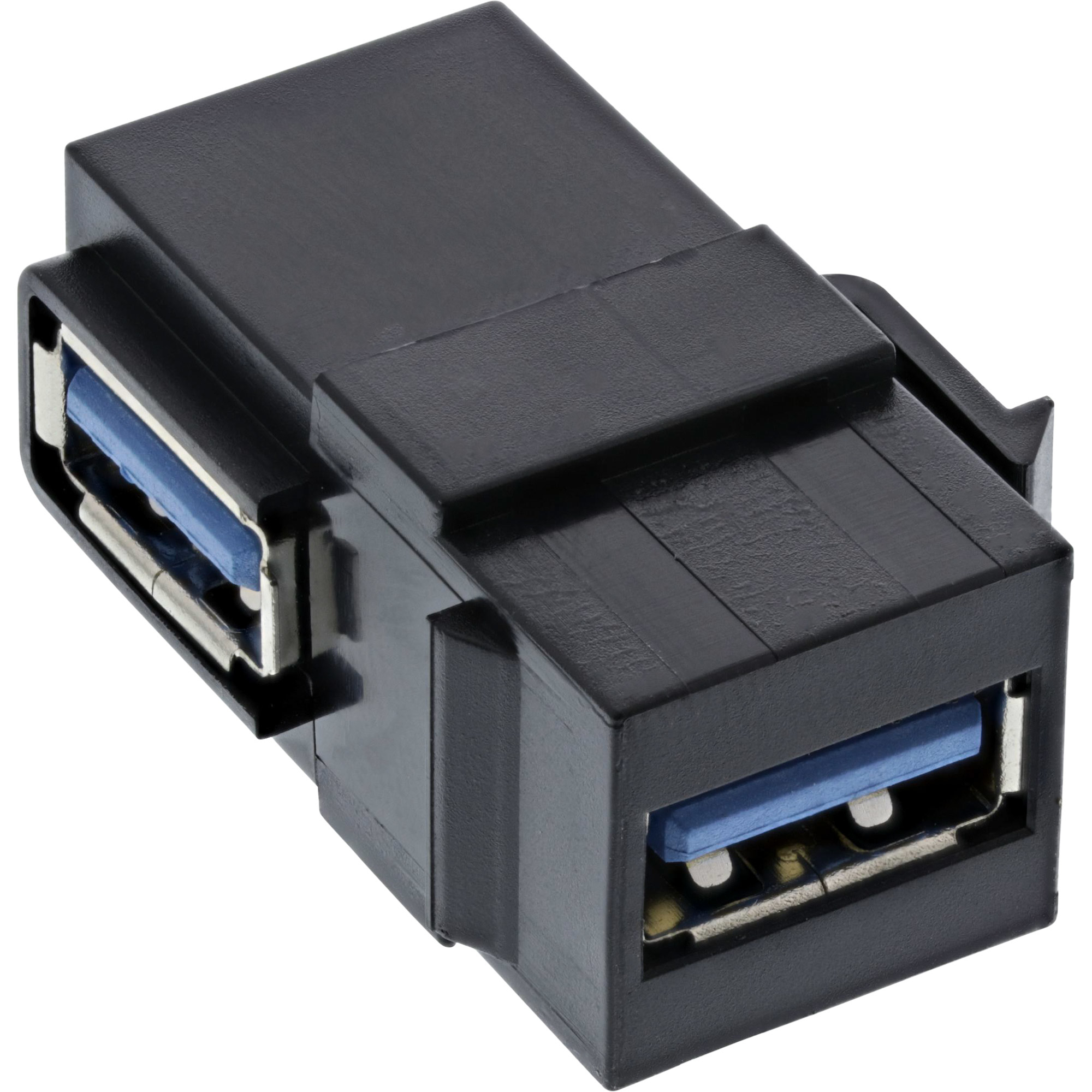 Schwarzer USB-Adapter mit blauen Anschlüssen.