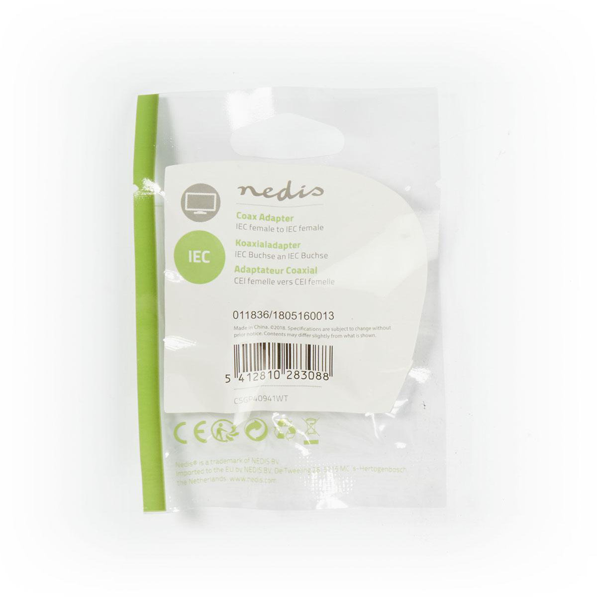 Eine weiße Verpackung für einen Koaxialadapter mit Produktinformationen.