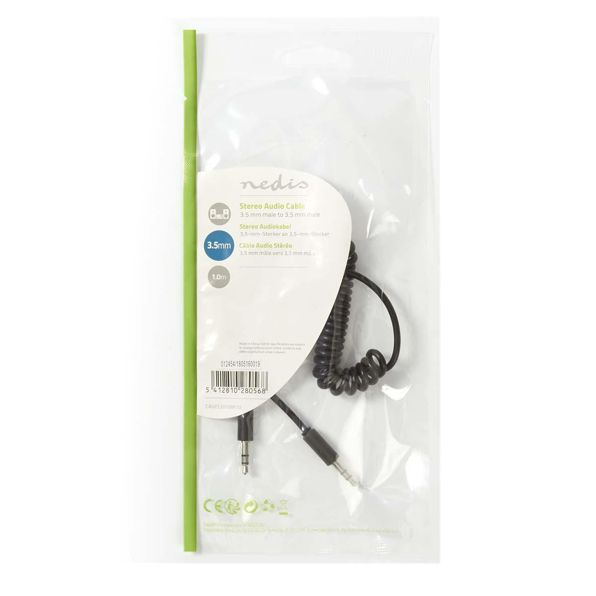 Un paquete de plástico transparente que contiene un cable de audio de 3,5 mm negro y plateado. El paquete tiene texto.