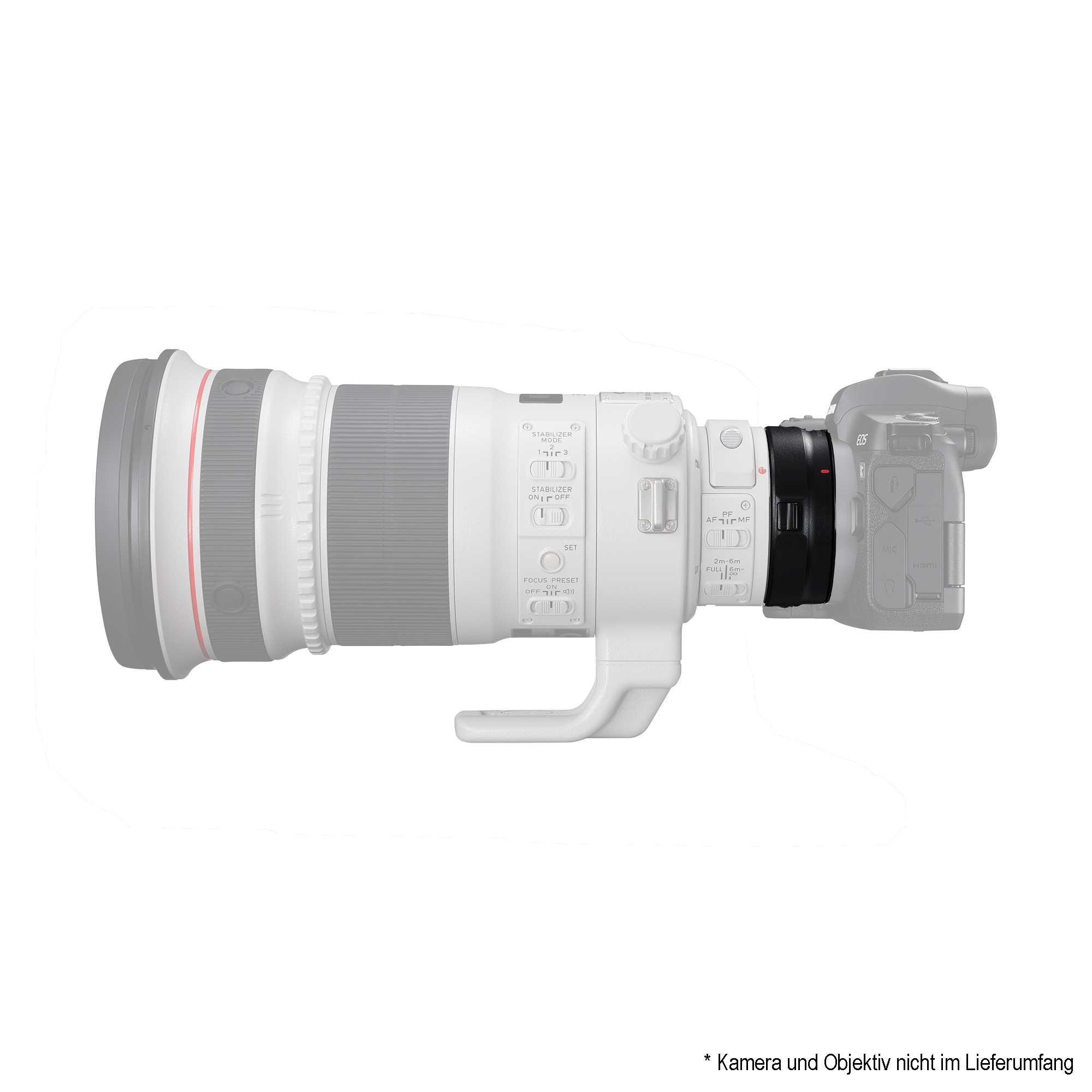 Un obiettivo per fotocamera bianco e grigio collegato a un adattatore nero e al corpo macchina, su sfondo bianco.