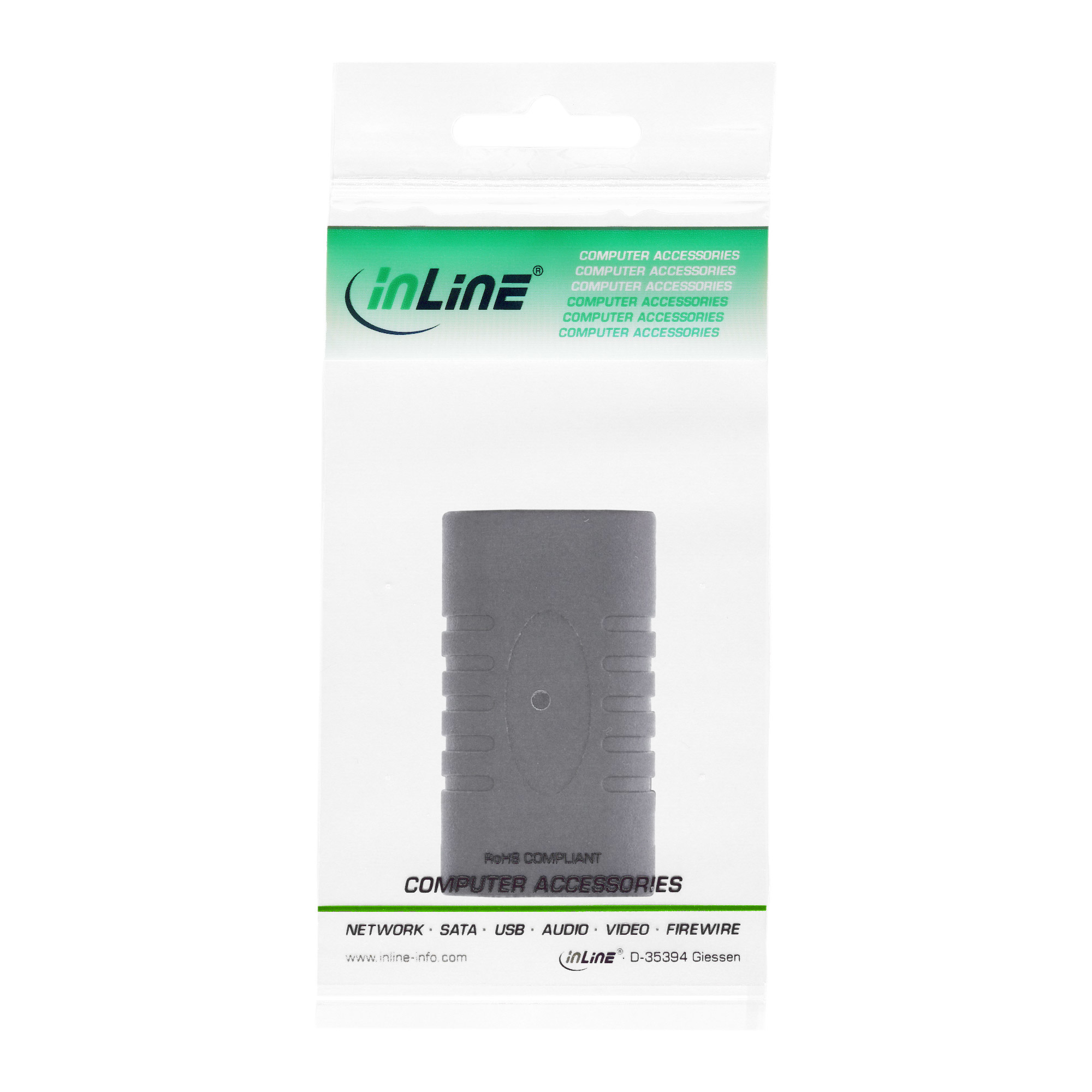 Eine Plastiktüte mit Computerzubehör. Das Produkt ist ein grauer Adapter.