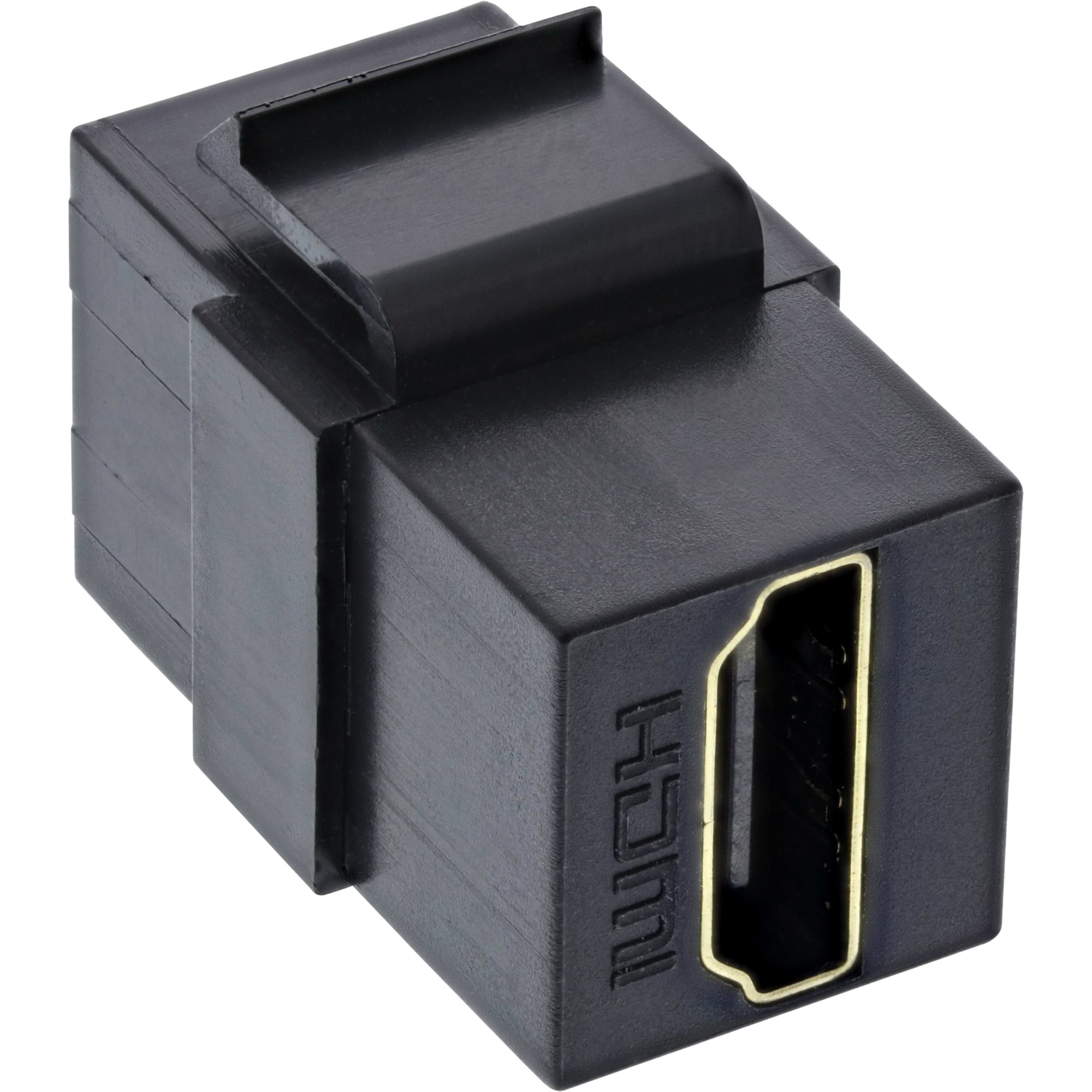 Adattatore HDMI nero. Forma rettangolare. Porta HDMI dorata visibile su un lato.
