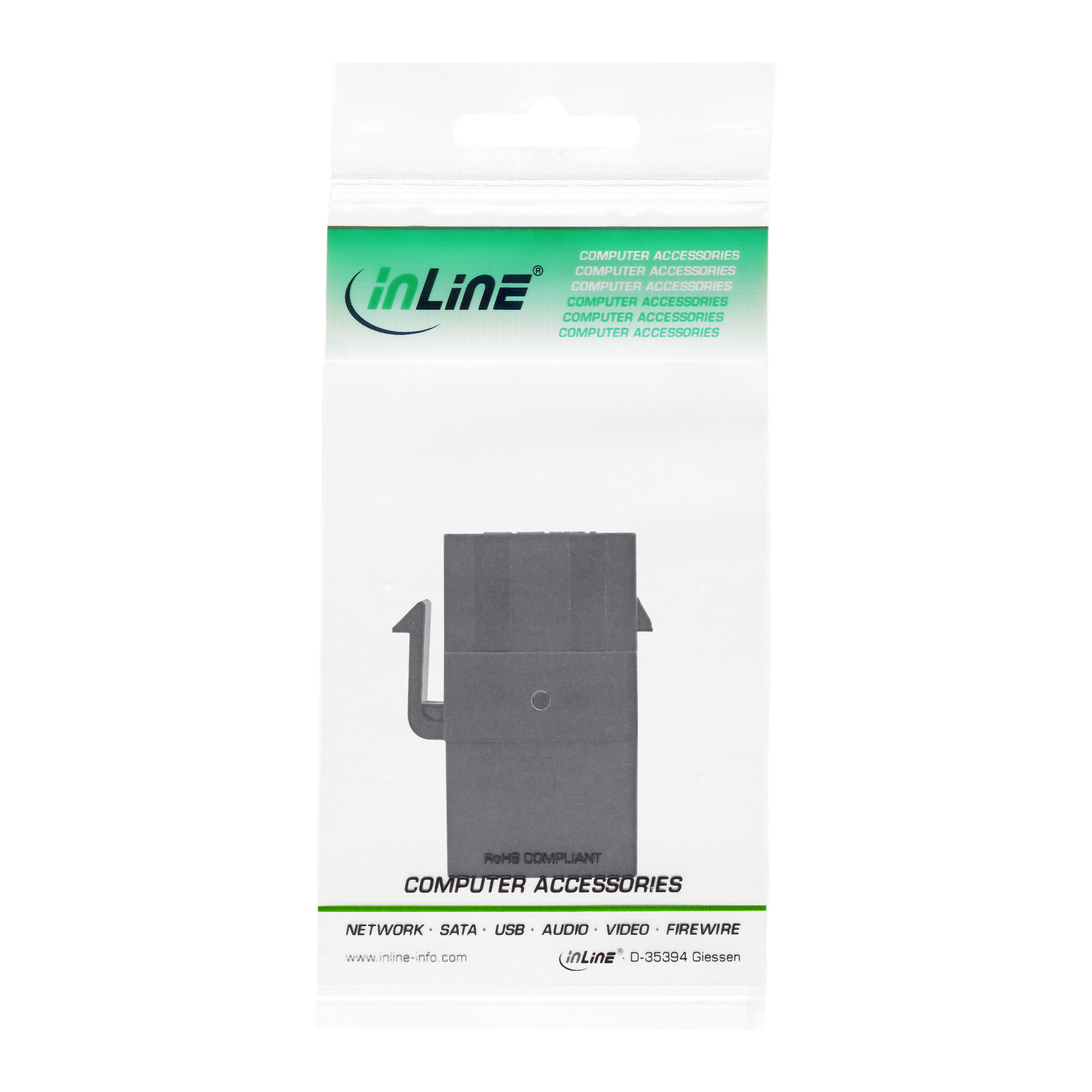 Un connettore per accessori per computer nero in una confezione di plastica con testo bianco e verde.