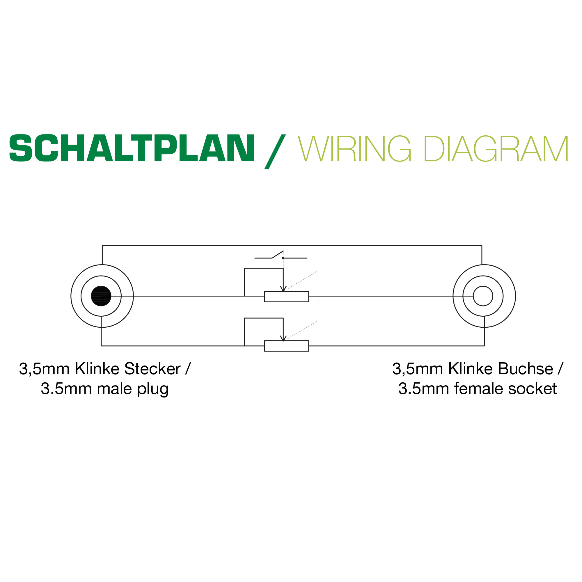Schaltplan eines 3,5-mm-Klinkensteckers und einer 3,5-mm-Klinkenbuchse mit Schalter und Widerständen.