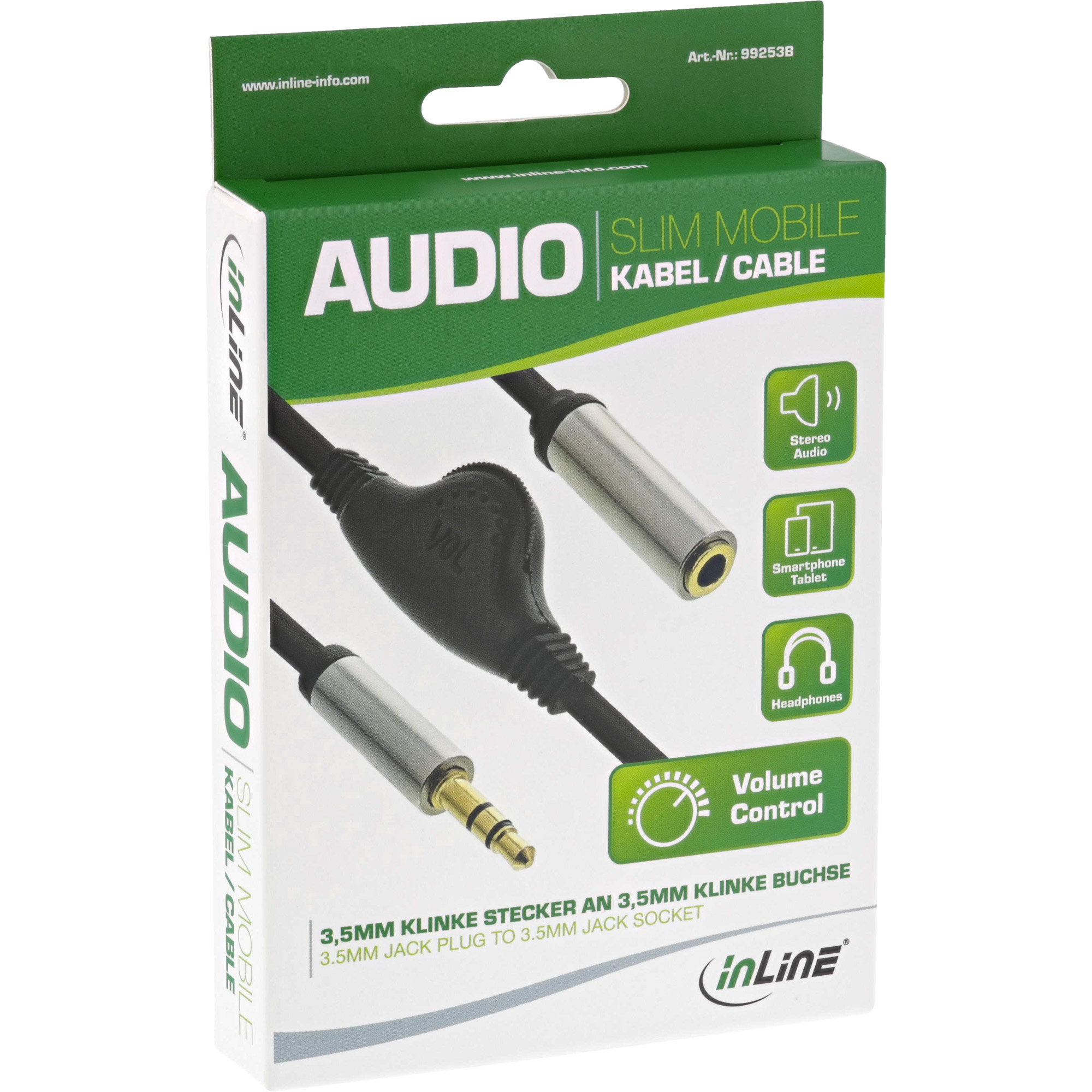 Audiokabel in Box, grün und schwarz, mit Text auf der Verpackung, weißer Hintergrund.