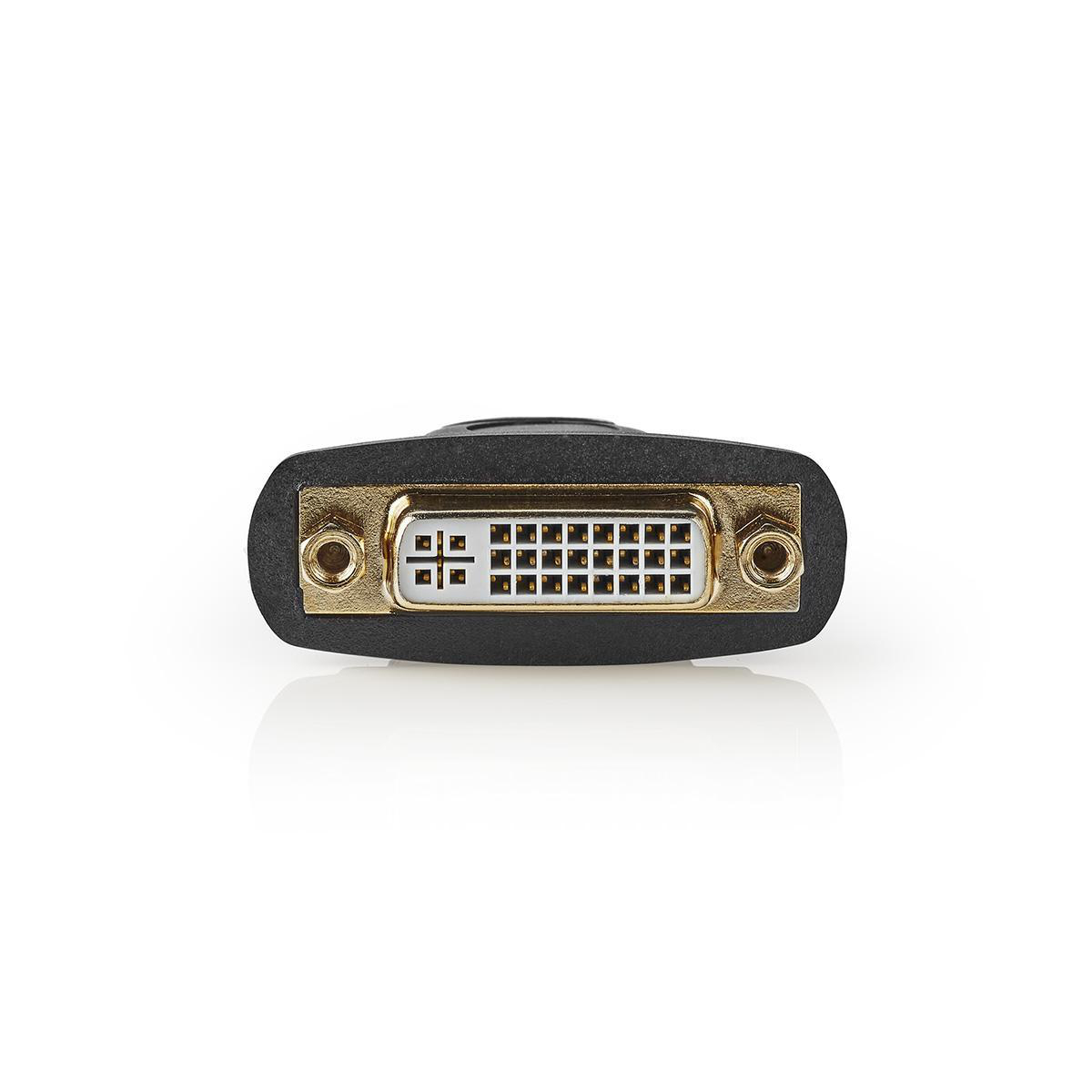 Ein DVI-Anschluss, schwarz, mit goldenen Pins, auf weißem Hintergrund.